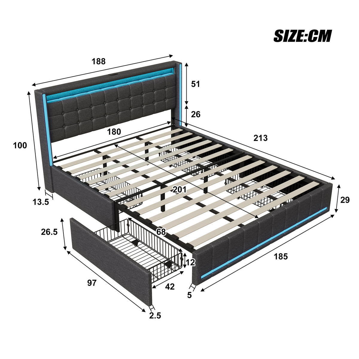 POLSTERBETT 180x200 cm mit 4 Schublade, Doppelbett 180x200 cm mit LED und USB, Lattenrost, Bett 180x200, Dunkelgrau Leinenstoff - Dunkelgrau, Holzwerkstoff/Textil (180/200cm) - GENKI LIVING
