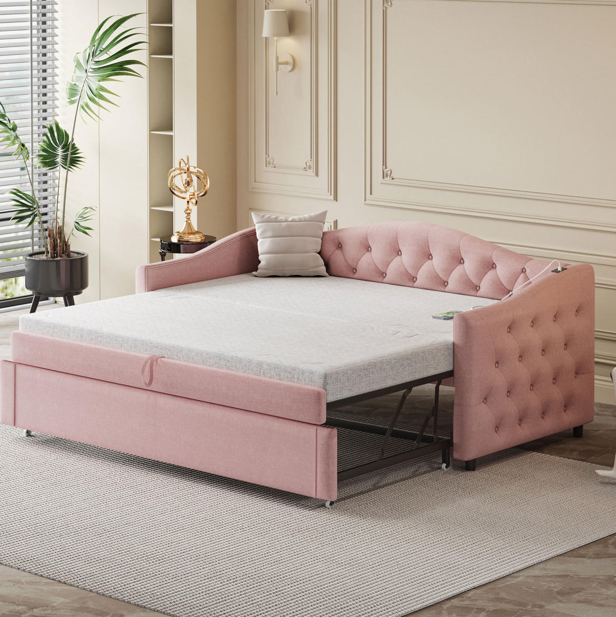ČALÚNENÁ posteľ z ľanovej látky 90x200 cm ružová s USB portom a lamelovým roštom - pink, textil (90/200cm) - Modfu