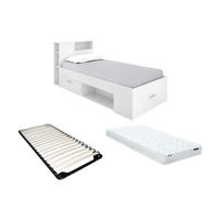 BETT mit Kopfteil, Stauraum & Schublade + Matratze + Lattenrost - 90 x 190 cm - Weiß - LEANDRE - Weiß, Holz (99.6/218.5cm) - Vente-Unique