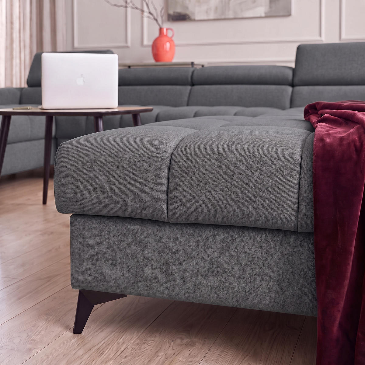 ECKSOFA PUDDING U Links mit Schlaffunktion 125x260 Velours Dunkelgrau - Dunkelgrau/Schwarz, Holz/Textil (203/350cm) - Muffo