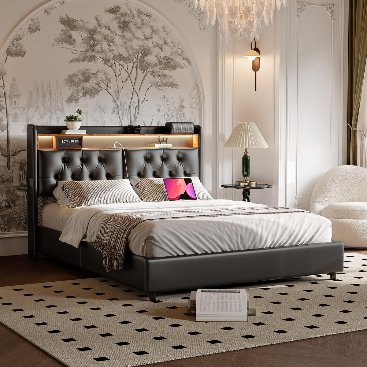 POLSTERBETT 140x200 cm LED USB Stauraum PU Leder schwarz - Schwarz, Holz (140/200cm) - LEBENLANG