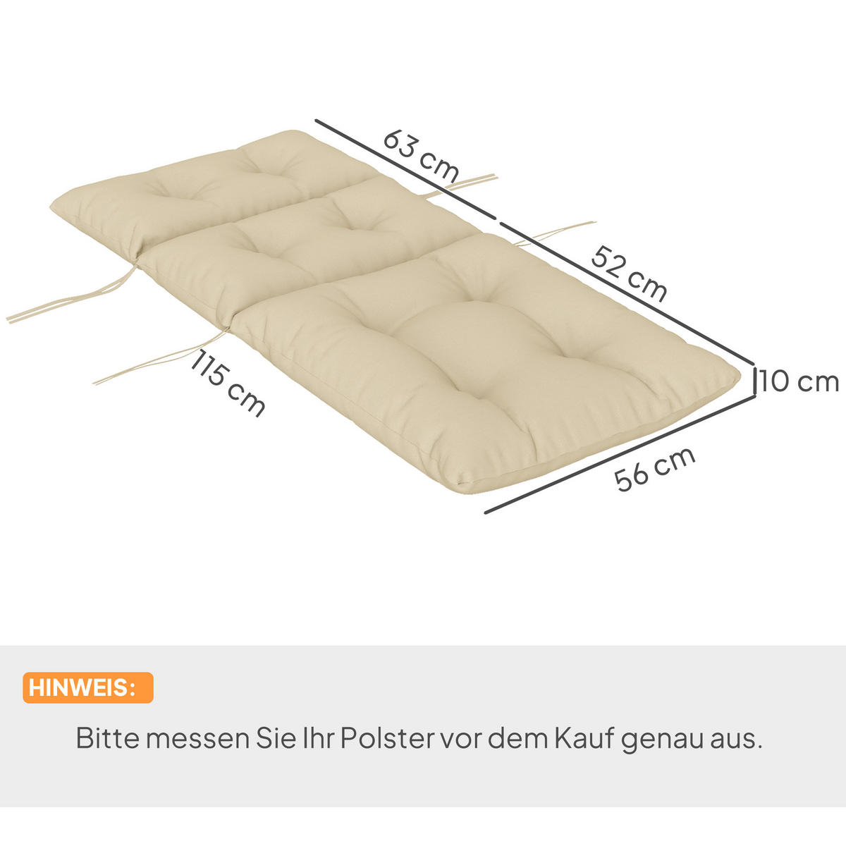 SITZKISSEN 115x 56 cm - Beige, Kunststoff (56/10/115cm) - Outsunny