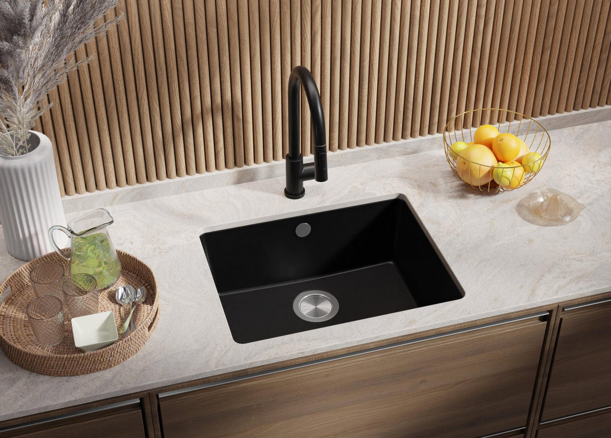 UNTERBAUSPÜLE GRANIT Venedig Easy, 2-er set Schwarz 56/44 cm 1 Becken + Küchenarmatur 32/20 cm + Ablauf-Set ab 60er Unterschrank - Chromfarben/Schwarz, Kunststoff (56/20/44cm) - Primagran