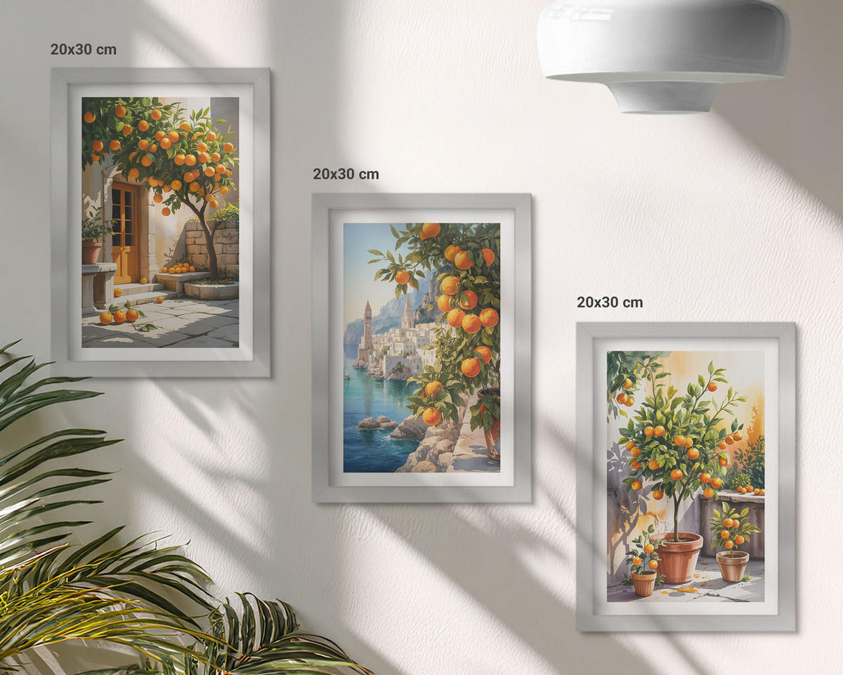 BILDER SET 3er Set - 20x30 cm Silberner Rahmen - Gemalte Zitruslandschaften - Silberfarben, Kunststoff (20/30cm) - TULUP
