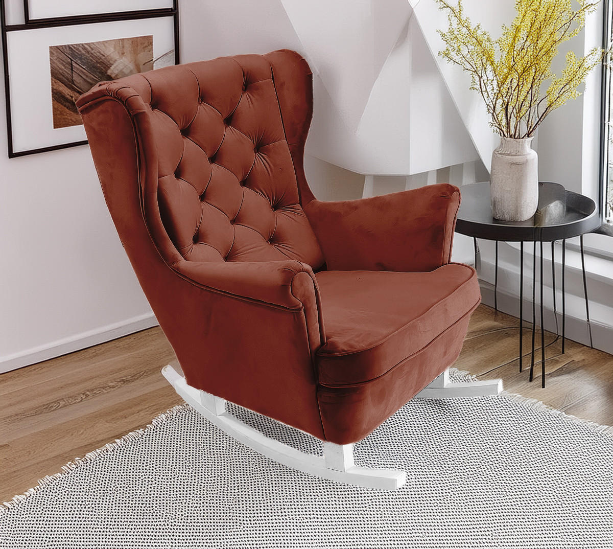 SCHAUKELSESSEL mit gepolstertem Sitz und Armlehnen, 102x81x95 cm, Burgunderrot_29833 - Kirschbaumfarben/Weiß, Holz/Textil (81/102/95cm) - DomoHome