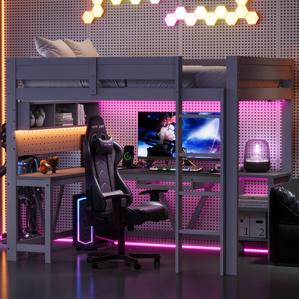 HOCHBETT aus Kiefernholz und MDF 90x200 cm Grau mit Schreibtisch, LED-Beleuchtung und Ladestation - Grau, Holzwerkstoff (90/200cm) - IVMEU