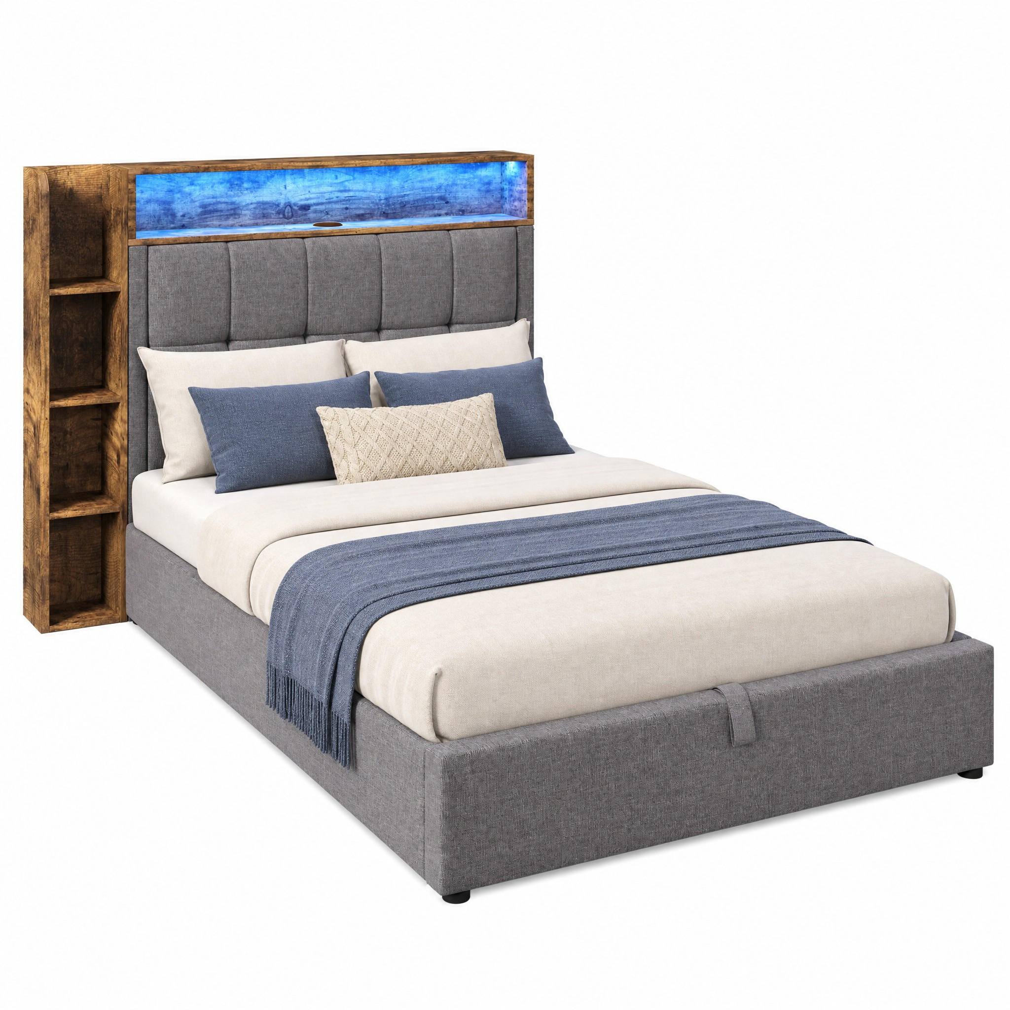 POLSTERBETT mit Stauraum, USB und LED 90x200 cm Leinen Grau - Grau, Metall (90/200cm) - Meubliv