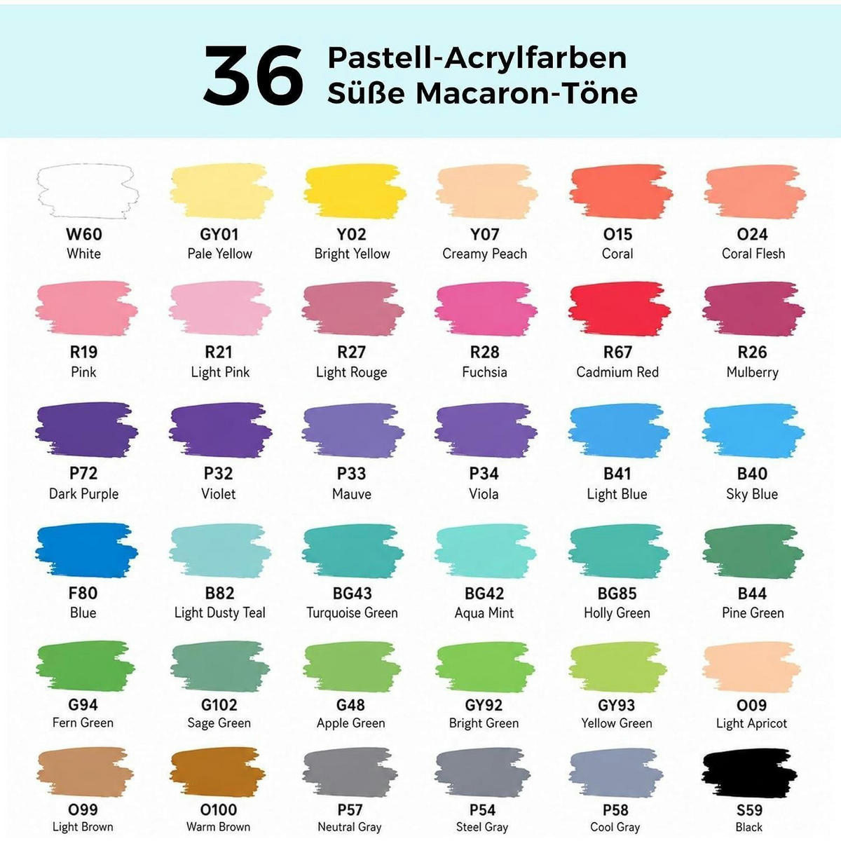 ACRYLSTIFTE 36er Set Macaron Pastell mit Pinselspitze wasserbasiert deckend für Glas Stein Holz Leinwand Stoff - Multicolor, Kunststoff (1/1/15cm)