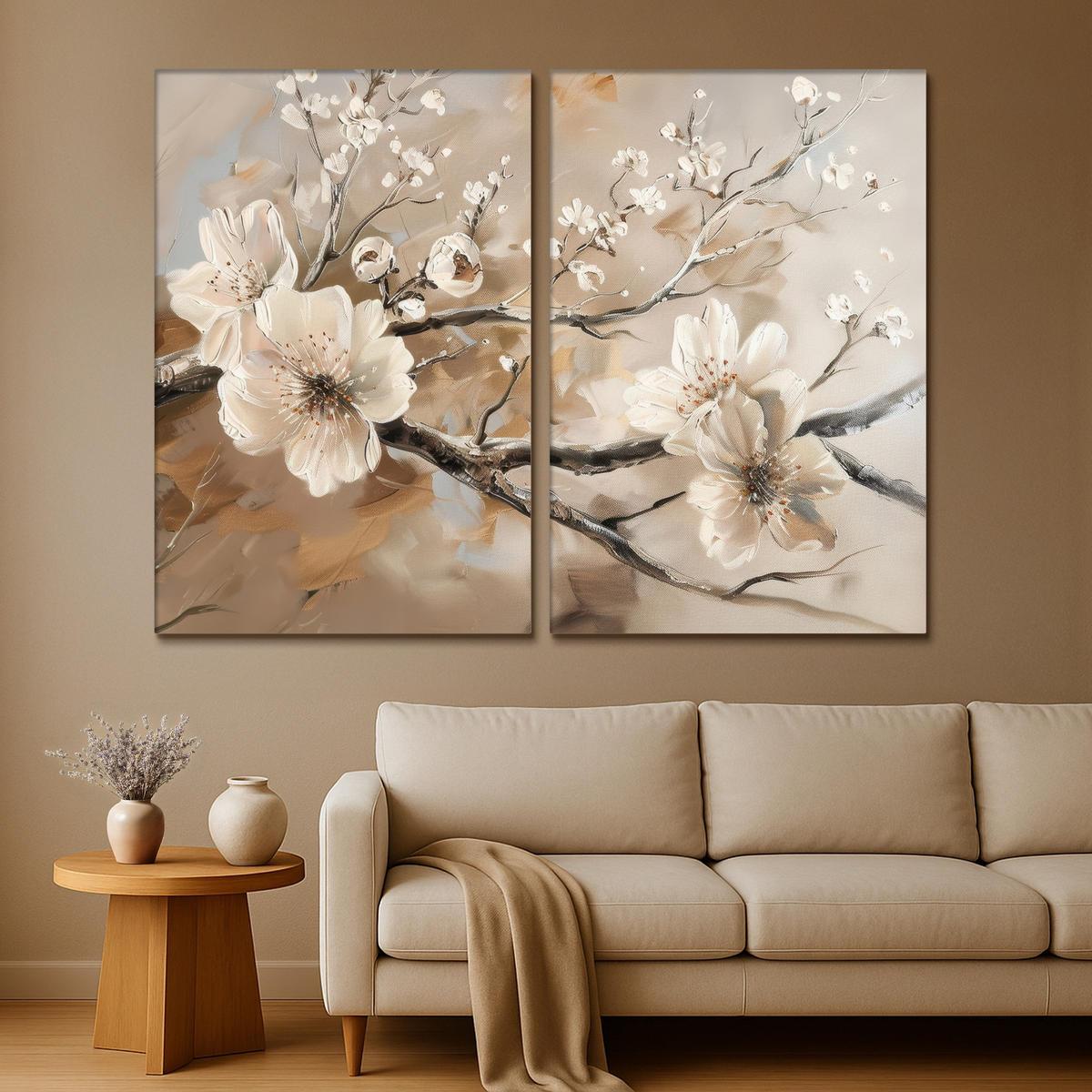 LEINWANDBILD 2er Set Blüte - Beige - Abstrakt - Blumen 240x180 cm - Hellbraun, Textil (240/180cm) - MuchoWow