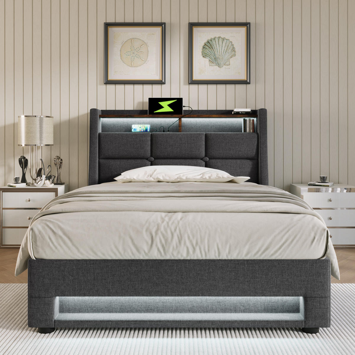 POLSTERBETT aus Leinen 90x200 cm Grau mit Bettkasten, LED-Beleuchtung und 2 USB-Anschlüssen - Grau, Textil (90/200cm) - IVMEU
