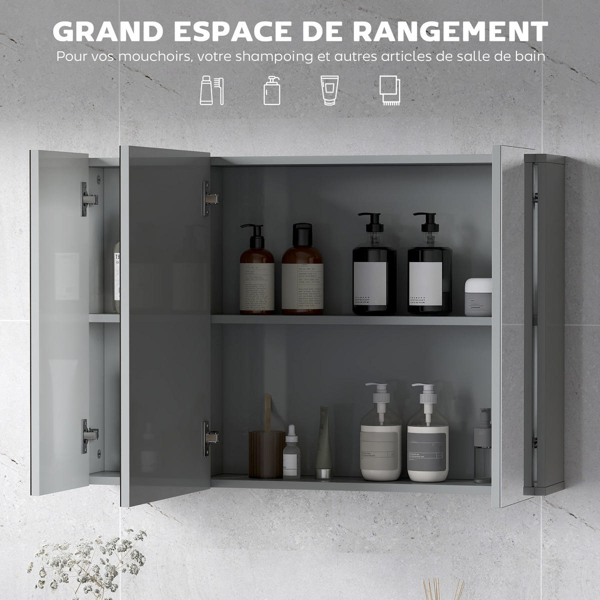 SPIEGELSCHRANK mit 3 Spiegeltüren und verstellbaren Einlegeböden , 90 x 15 x 60 cm - Grau, Glas (90/60/15cm) - Vallsero