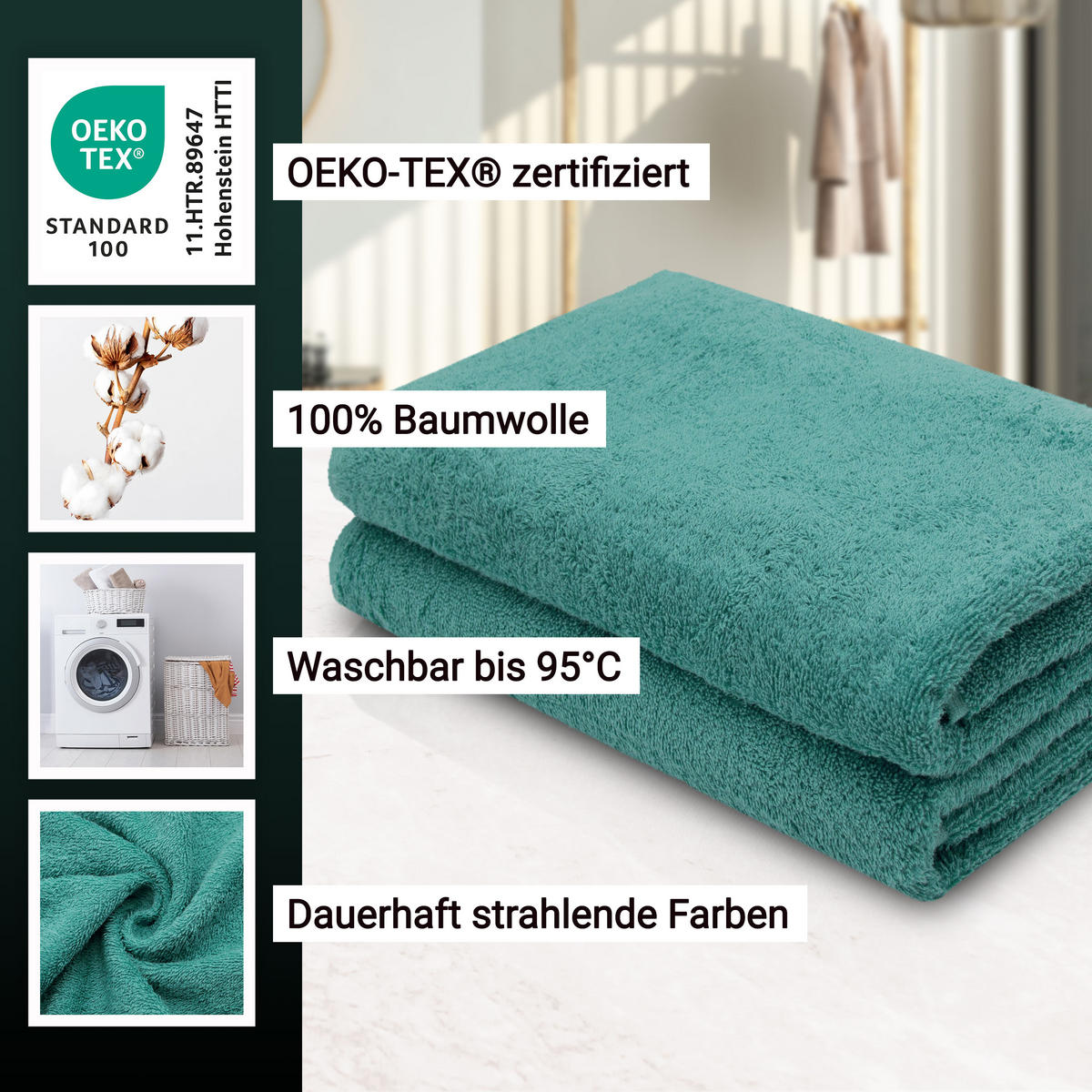 DUSCHTÜCHER, 2er-Set, 70x140 cm, 100% Baumwolle, Grün - Türkis, Textil (70/140cm) - Zollner