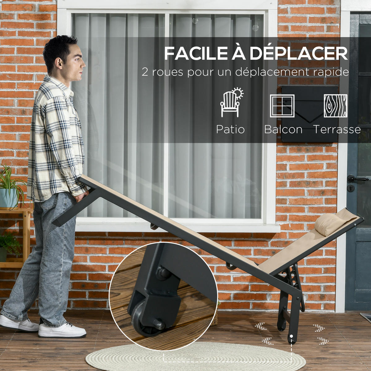 SONNENLIEGE DE-15612 Aluminium + Textilene, klappbar, mit Rollen & Kopfkissen Khaki - Mokka, Metall (55/90/164cm) - ComfortXL