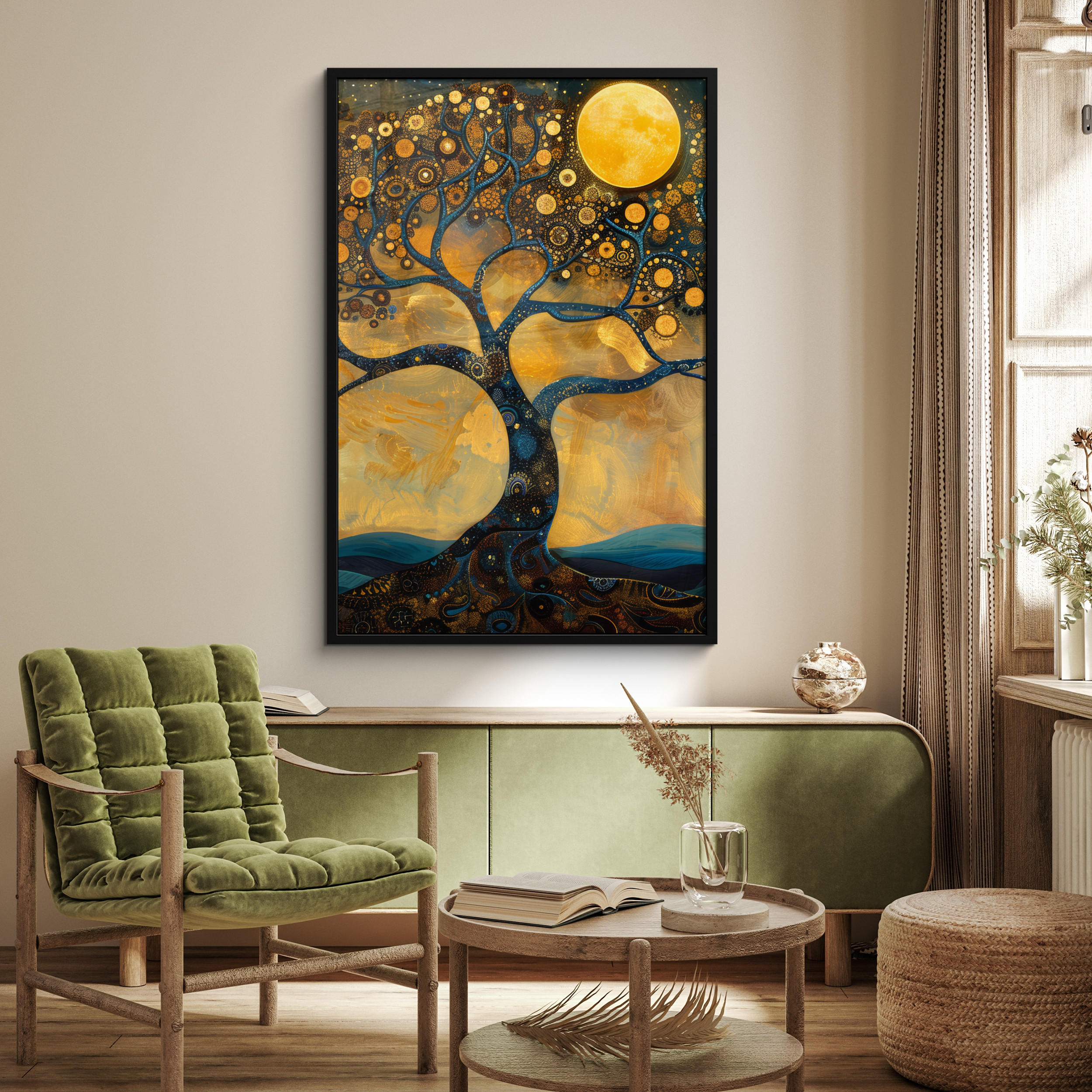 GERAHMTES BILD Baum - Mond - Blumen - Gold - Kunst 80x120 cm - Orange, Papier (80/120cm) - MuchoWow