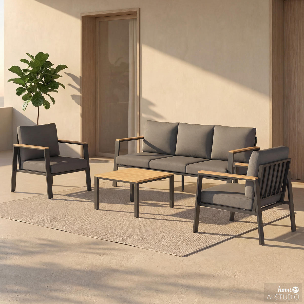 LOUNGESET - 4-teilig - Eukalyptus massiv / Polyester - Braun / Anthrazit - Braun/Grau, Holz/Textil - home24