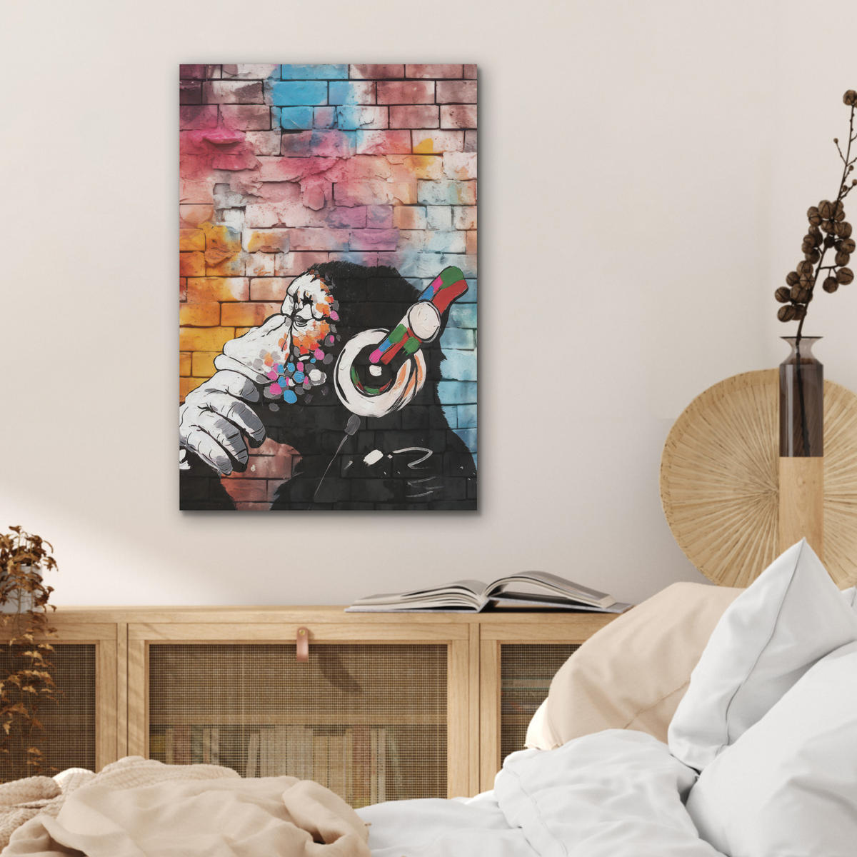 AKUSTIKBILD Affe - Graffiti - Musik Kunstdruck Schlafzimmer 50x70 cm - Multicolor, Kunststoff (50/70/0.9cm) - MuchoWow