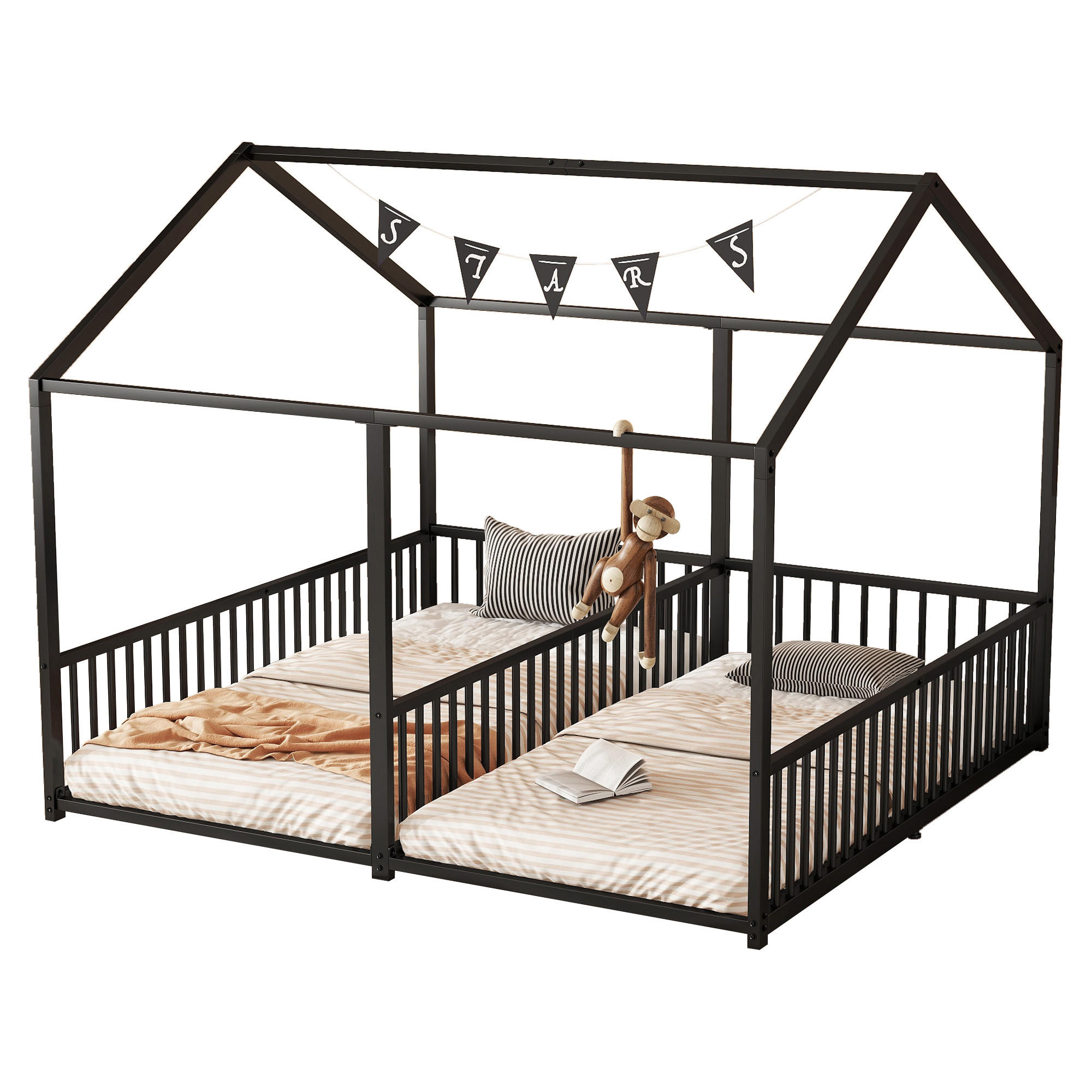 METALLBETT 90/200 cm Schwarz mit Hausform und Geländer - Schwarz, Metall (90/200cm) - OKWISH