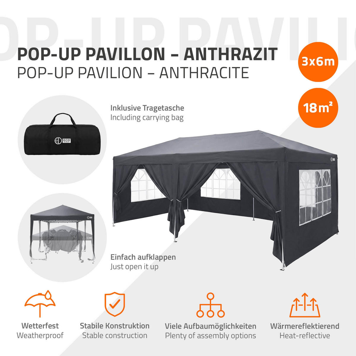 POP UP PAVILON 3x6 m antracitový skládací pavilon, vodotěsný, stabilní, se 6 bočními stěnami - šedá, textil (600/260/300cm) - ECD-Germany