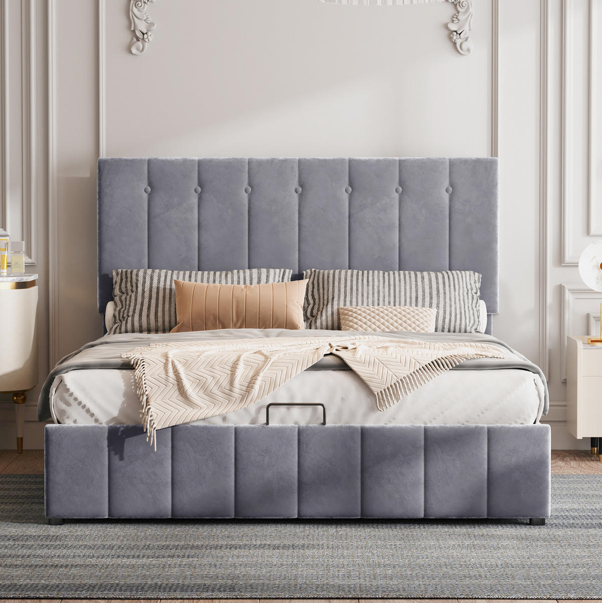ČALÚNENÁ posteľ z MDF, kovu a zamatu 203x140x106 cm sivá s hydraulickým úložným priestorom a lamelovým roštom - sivá, textil (140/200cm) - Modfu