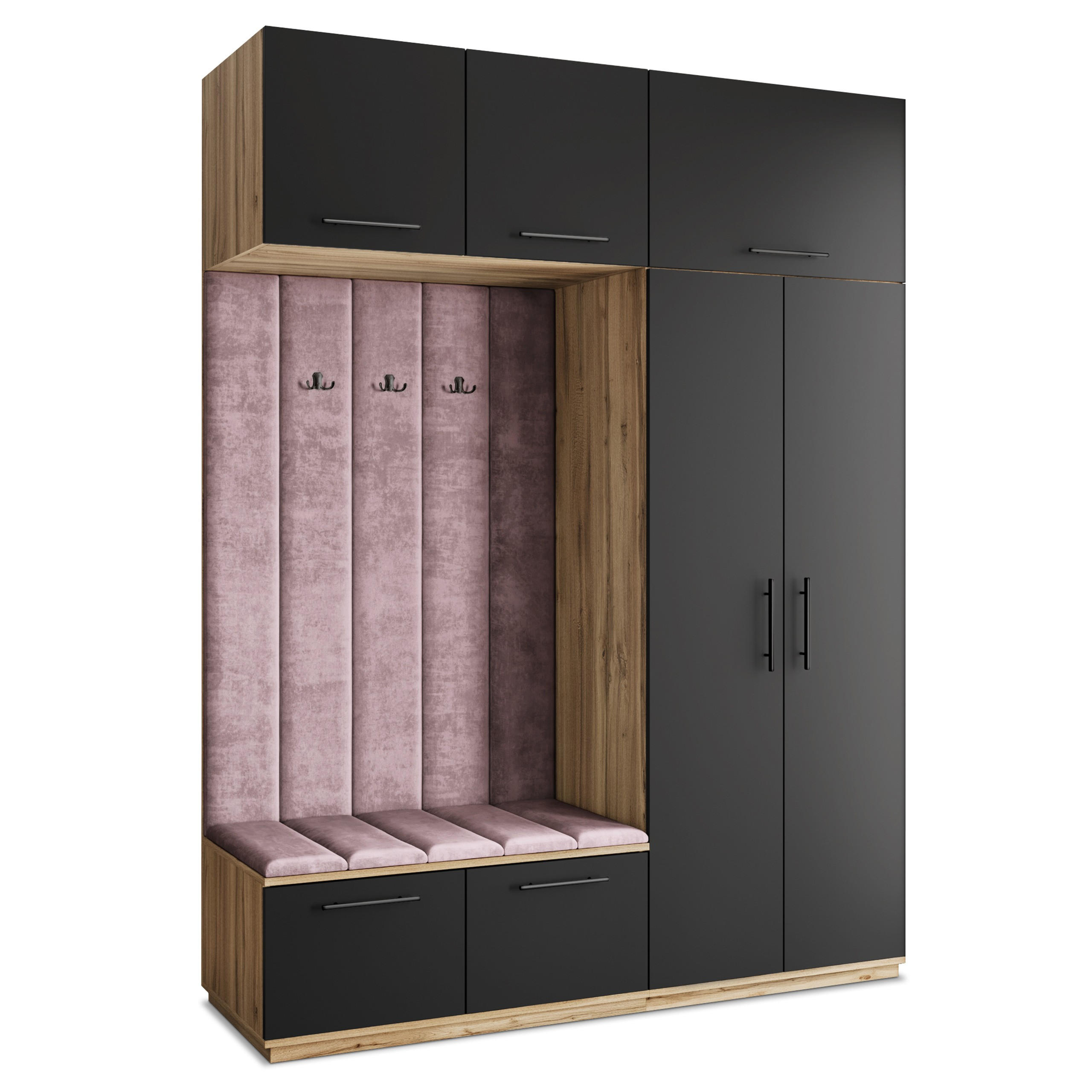 Masseno Garderobenschrank Eiche Wotan, Schwarz, Lila 180x240x60 cm