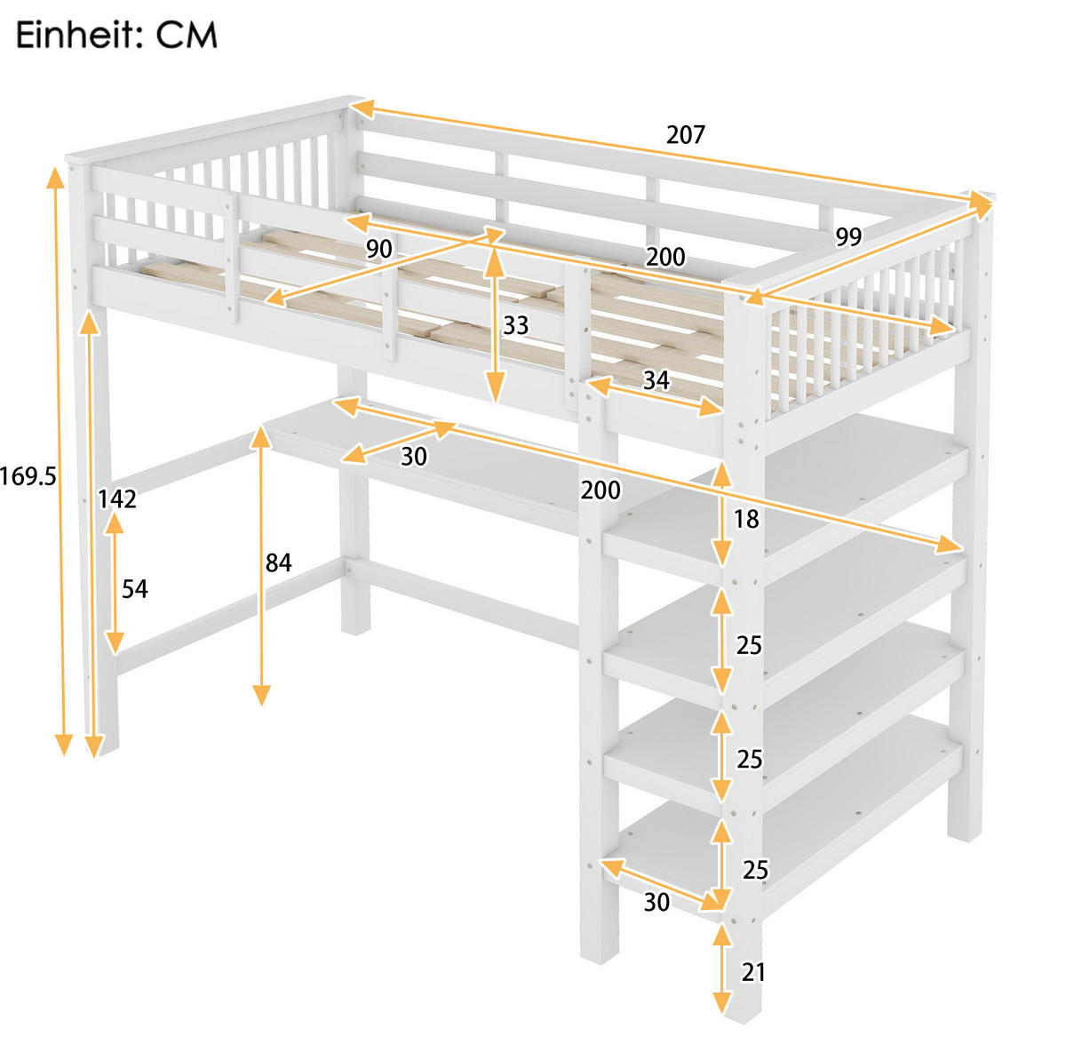 HOCHBETT aus Kiefer und MDF 90x200 cm Weiß mit Schreibtisch, Ablagefächern und Regalleiter - Weiß, Holzwerkstoff (90/200cm) - Modfu