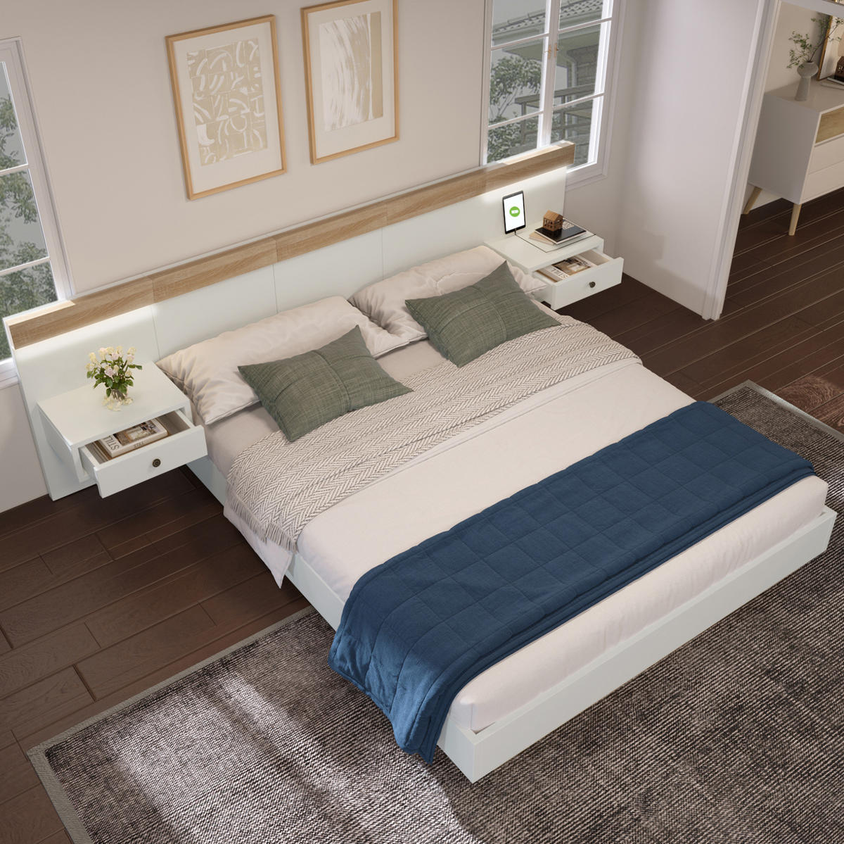 BETT 160/200 cm mit 2 LED-Nachtkommoden, USB/Typ-C und Steckdose, Schwebeoptik, Weiß/Sonoma-Eiche - Weiß, Holzwerkstoff (160/200cm) - Redom