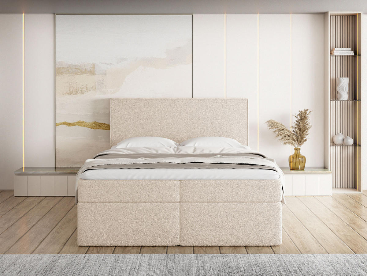 BOXBETT Terra mit Bettkasten, Beige Boucle 120x200 cm – inkl. H4 Matratze und H3 Foam Topper - Beige, Holzwerkstoff/Kunststoff (120/200cm) - WFL GROUP