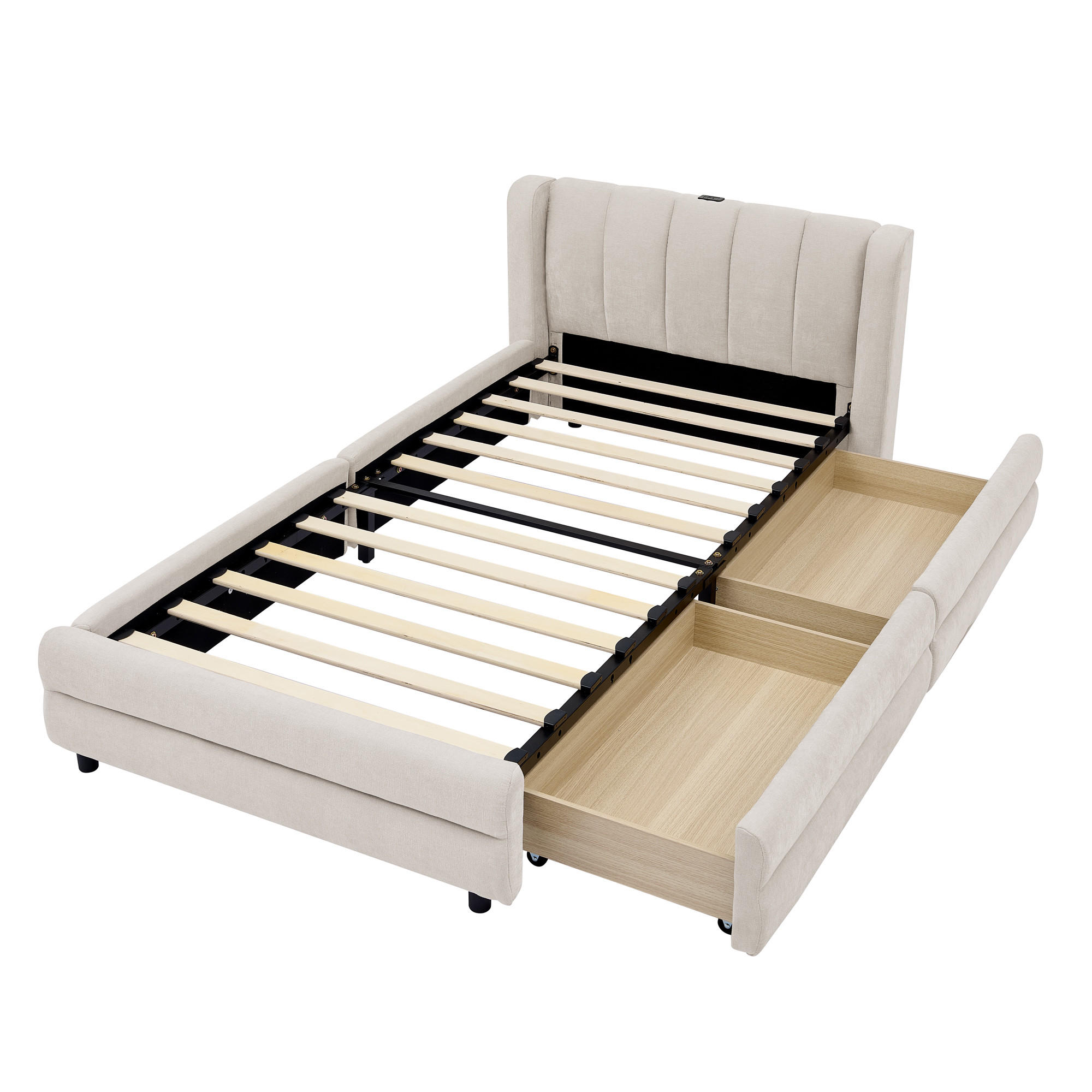 POLSTERBETT 90/200 cm DE-03800, mit 2 Schubladen und Chenille-Bezug, in Beige - Beige, Metall (90/200cm) - ComfortXL