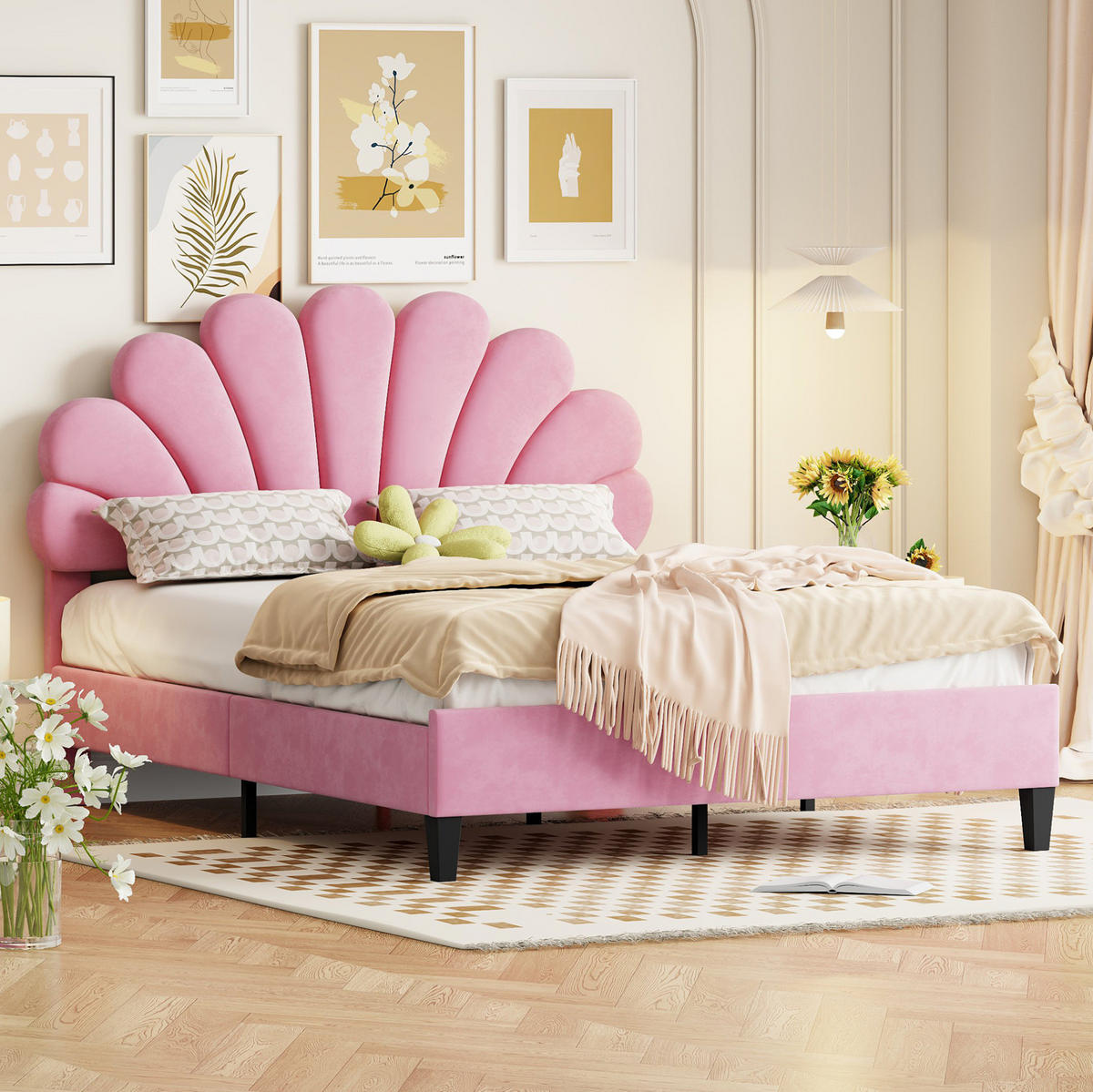 POLSTERBETT 140/200 cm mit Lattenrost und blütenförmigem Kopfteil aus Samt, Rosa - Rosa, Textil (140/200cm) - Redom