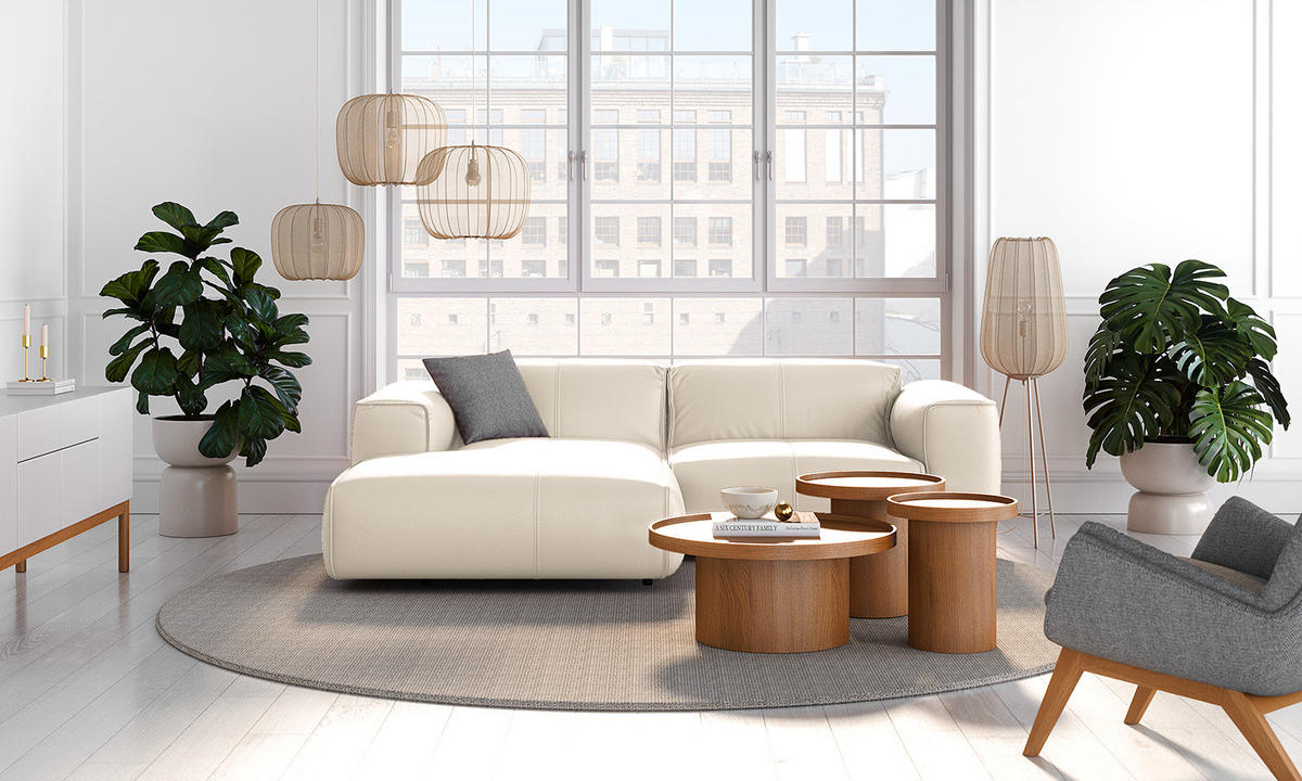 ECKSOFA mit XL-Longchair - Hellgrau/Schwarz, Leder/Kunststoff (260/171cm) - home24