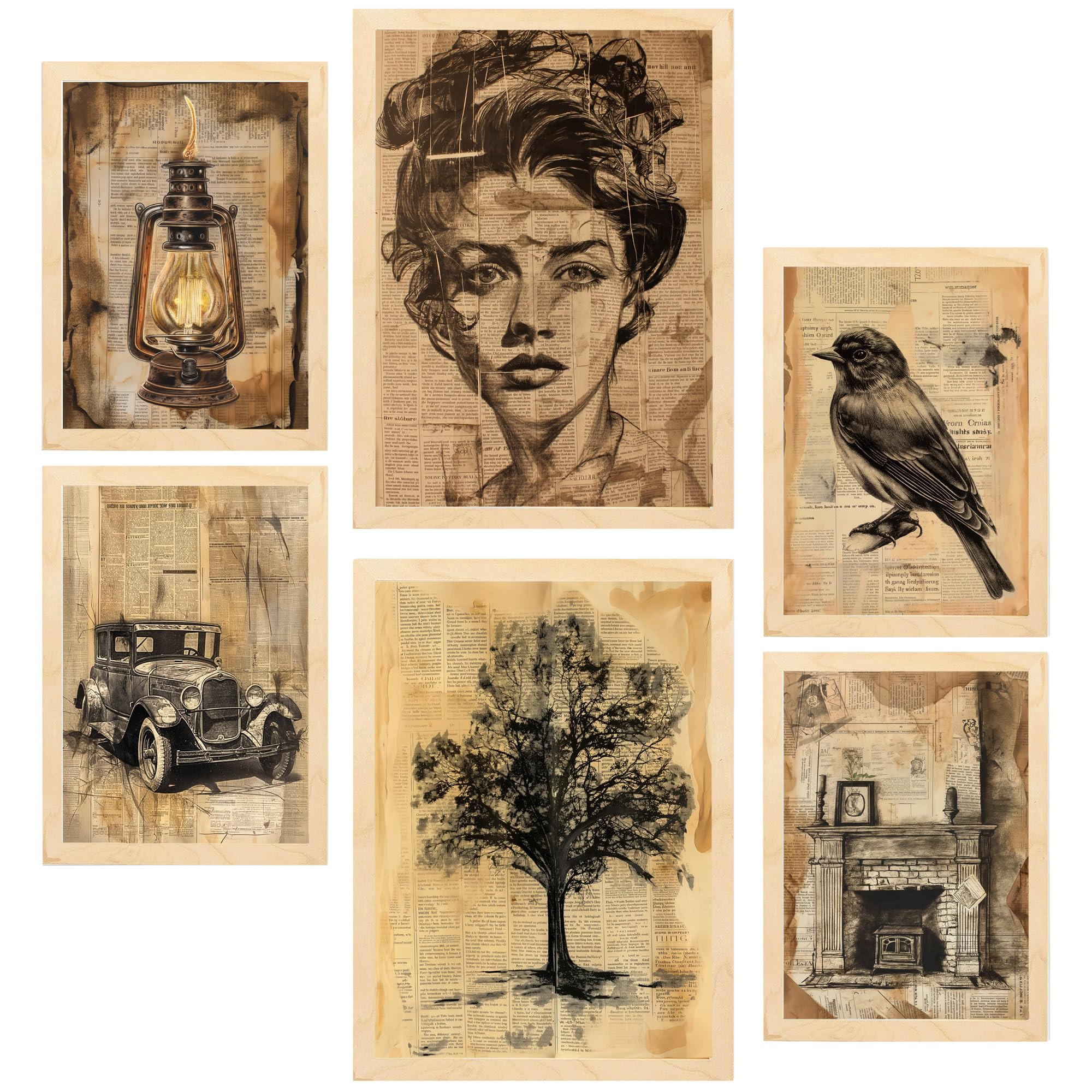 POSTER Set Mit 6 Segreti Della Vita Vintage Donna Automobile A3 & A4 Rahmen Aus Hellem Holz - Beige, Papier (29/3cm) - Nacnic