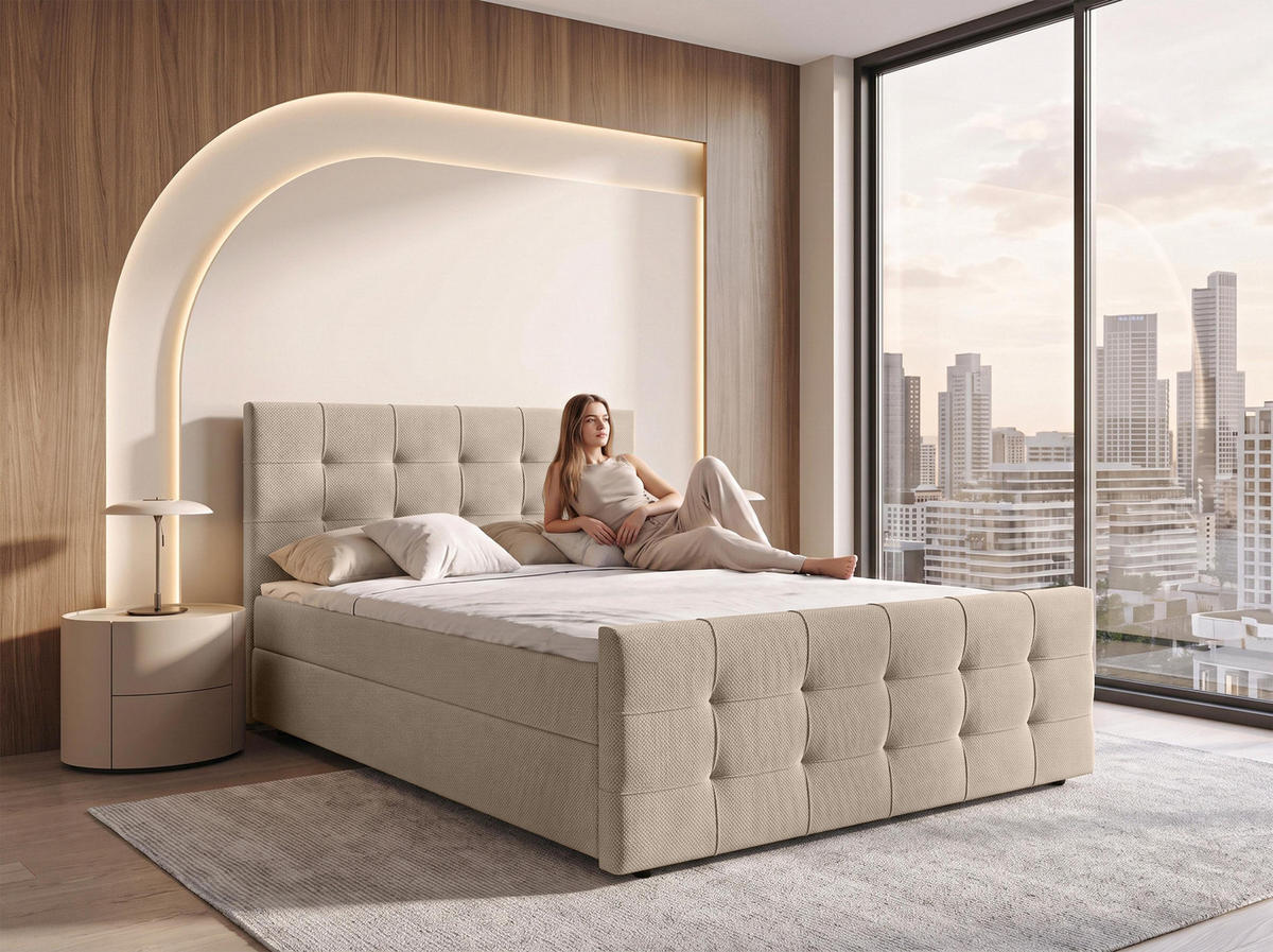 BOXBETT DEFNE 160x200 cm mit Fußteil und Matratze - Creme + TOPPER - Creme/Schwarz, Holz/Holzwerkstoff (160/200cm) - AX Living