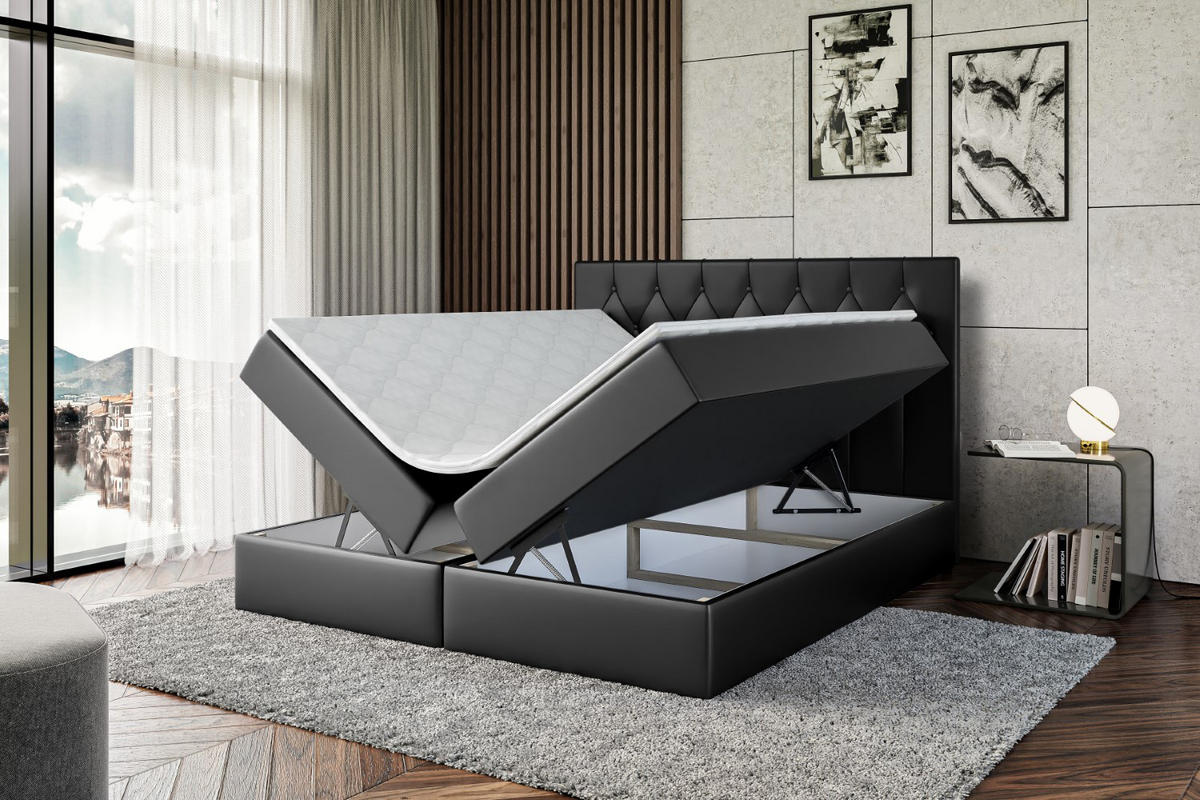 BOXBETT mit H4-Matratze und Lattenrost - VELANTO-BZ - 180x200 Hellgrau - Schwarz Hochglanz, Holzwerkstoff (180/200cm) - ALTDECOR