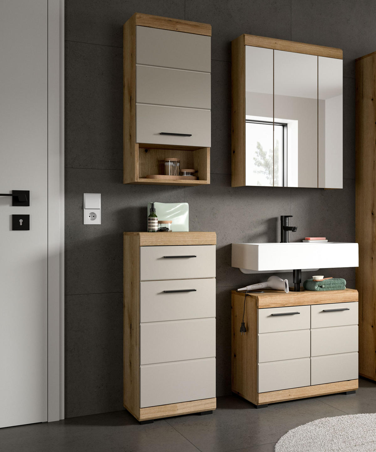 BADMÖBEL-SET Sand Kashmir, Evoke Eiche 4-teilig, Badkombination 112 x 191 cm - Kaschmir/Eichefarben, Glas/Holzwerkstoff (112/191/34cm) - Inn.Furn