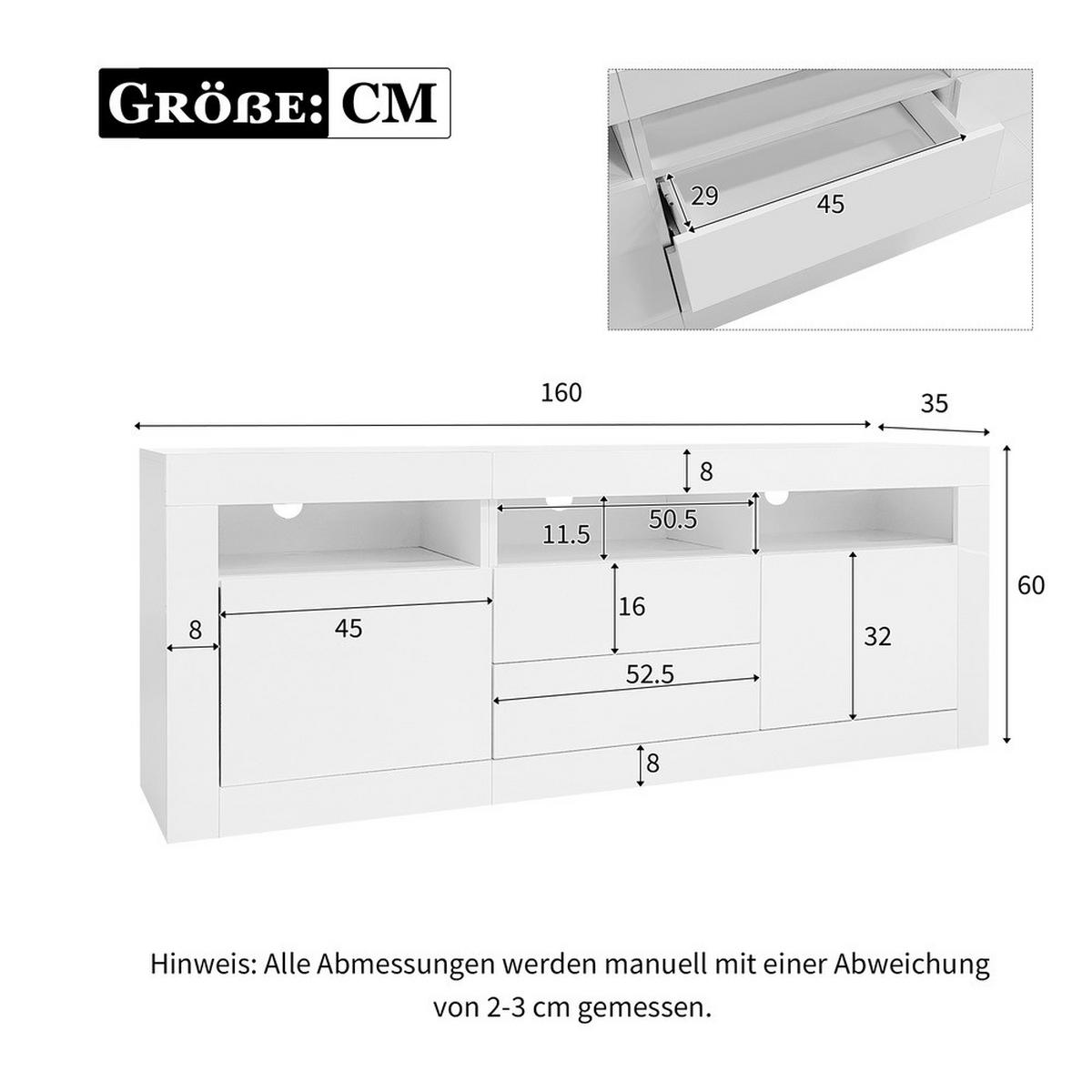 TV-SCHRANK 160x35cm Hochglanz LED-Beleuchtung 3 Fächer 2 Türen 2 Schubladen - Weiß, Holz (44/22.5/70cm) - FLIEKS