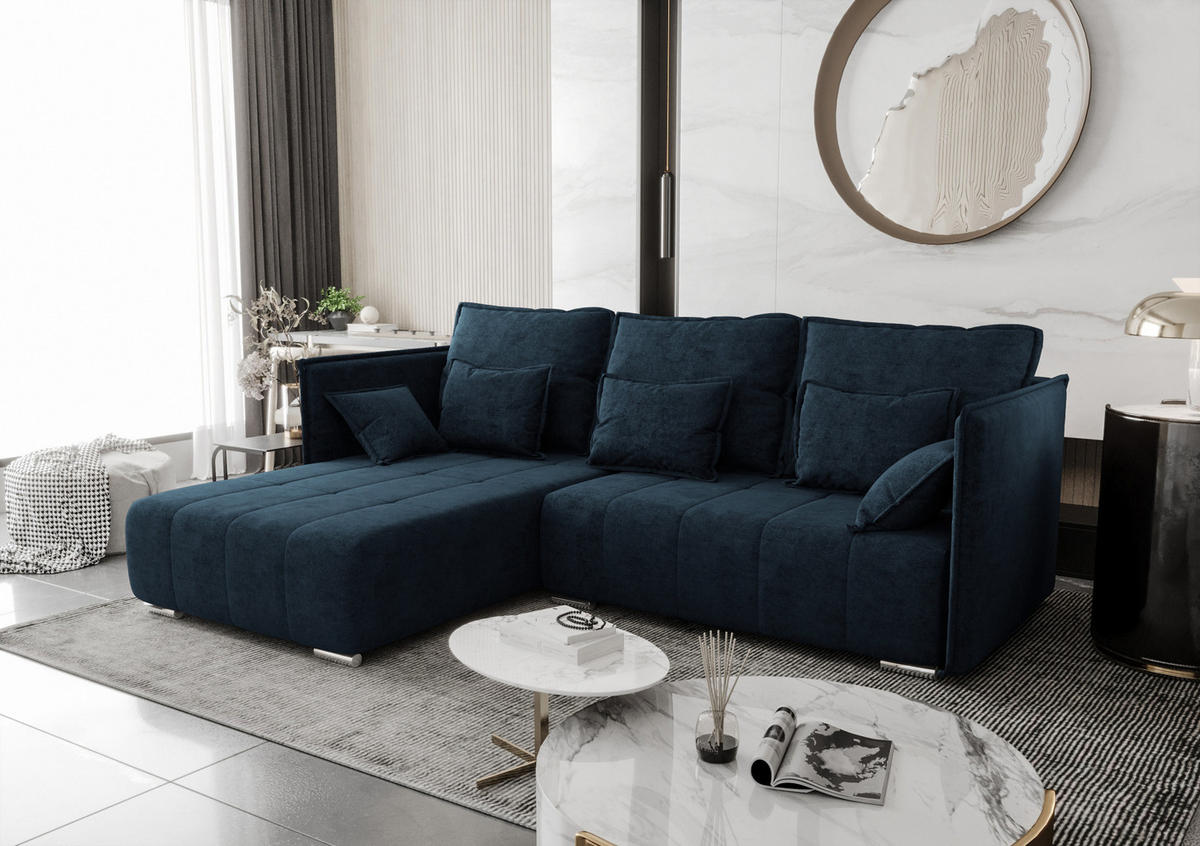 ECKSOFA L Form Florinna Blau 245/182/87 cm mit Schlaffunktion - Chromfarben/Dunkelblau, Textil/Metall (245/182cm) - AX Living