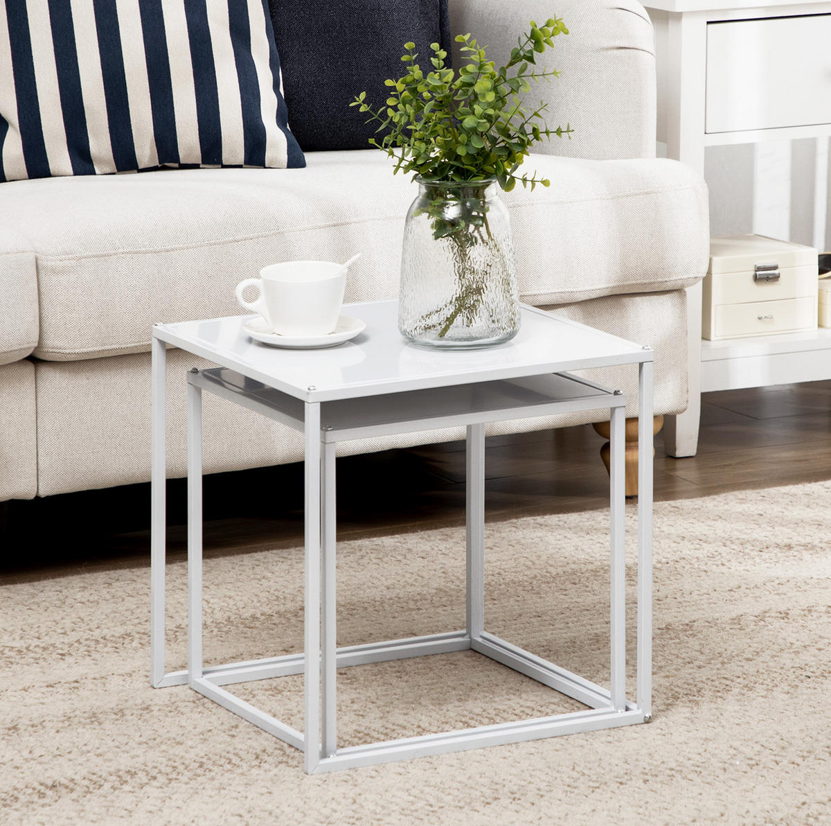 COUCHTISCH-SET 40/40 cm & 35/35 cm aus Stahl in Weiß, 2-teilig - Weiß, Metall (40/40/40cm) - BEAOK