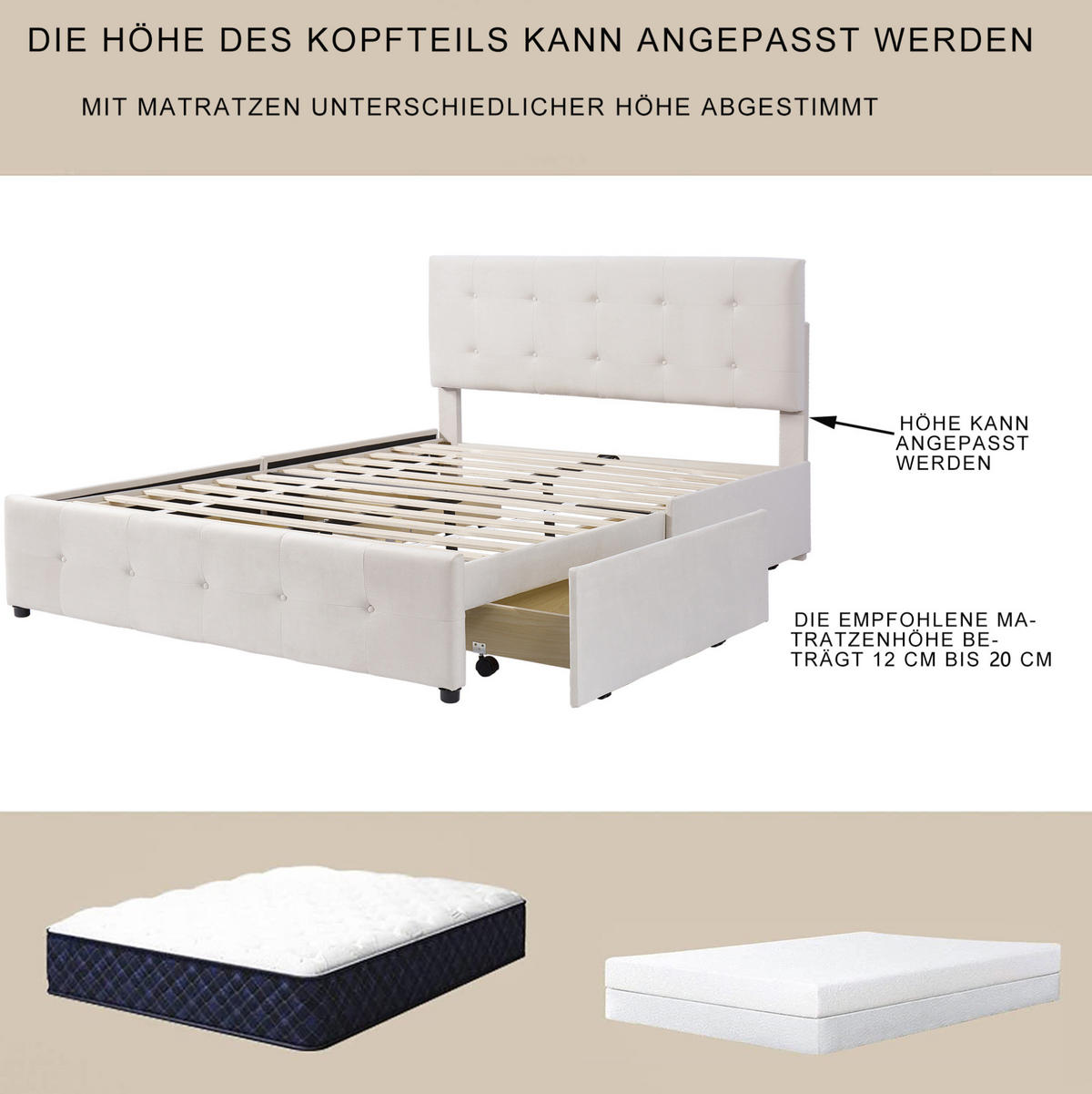 POLSTERBETT 140/200 cm Beige aus Stoff mit 4 Schubladen - Beige, Textil (140/200cm) - OKMYHOME