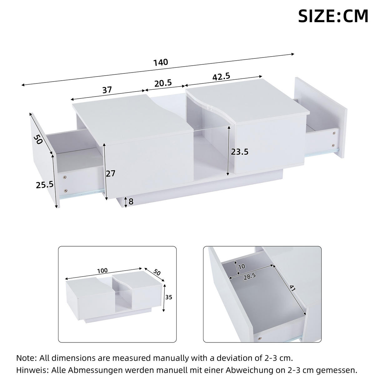 COUCHTISCH aus MDF 100x50x35 cm Weiß Hochglanz mit LED-Beleuchtung, 2 Schubladen und Acrylplatte - Weiß, Holzwerkstoff (100/50/35cm) - IVMEU