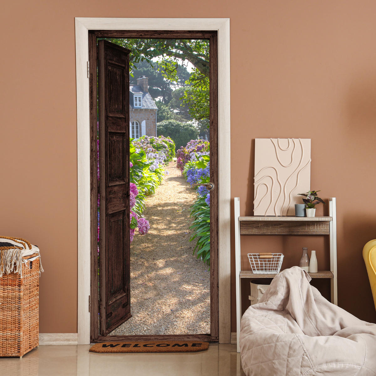 TÜRAUFKLEBER Selbstklebend - Fensterblick - Hortensie - Tür - Blumen - Natur 95x215 cm - Türtapete - Beige, Kunststoff (95/0.1cm) - MuchoWow