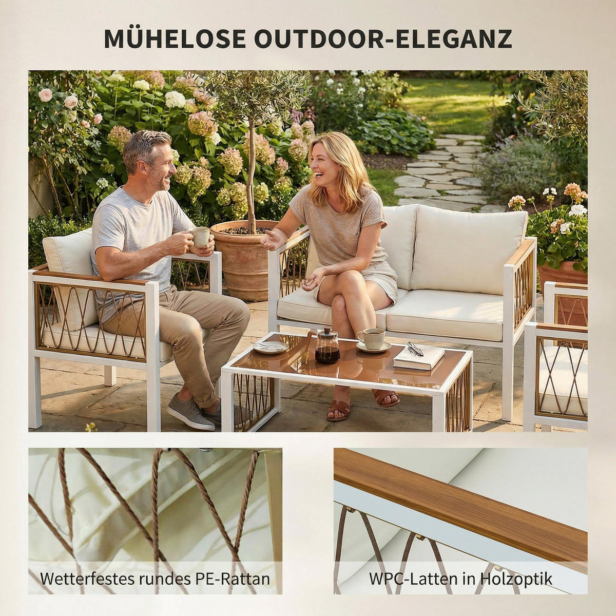 RATTAN-GARTENMÖBEL-SET 4er Set Metall PE-Rattan Cremeweiß - Creme/Braun, Textil/Metall - Outsunny