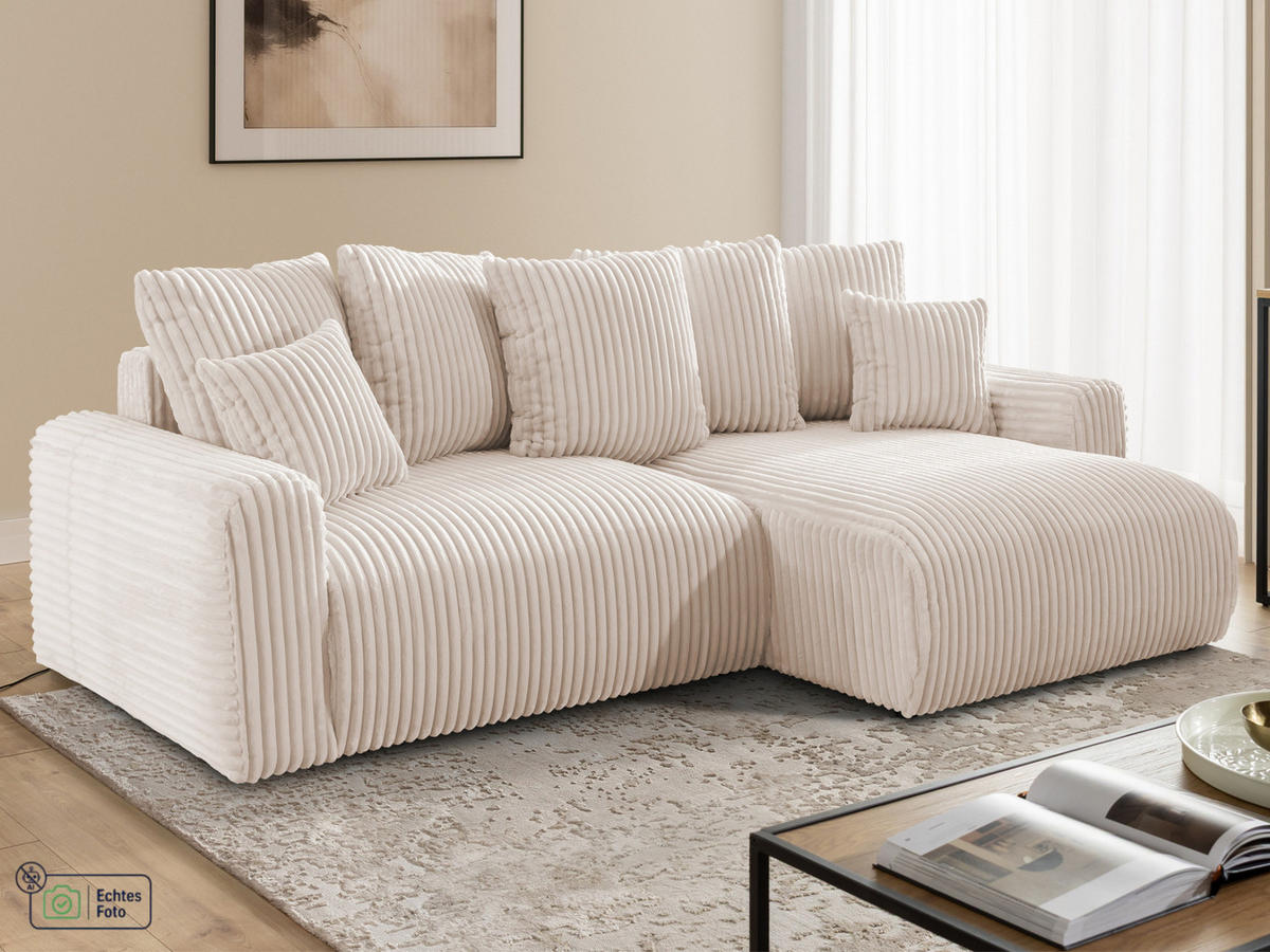 ECKSOFA Calma mit Schlaffunktion und Bettkasten im Bumpy-Design aus weichem Beige Plüschcord - Ottomane rechts - Beige/Schwarz, Holz/Kunststoff (140/239cm) - S-Style