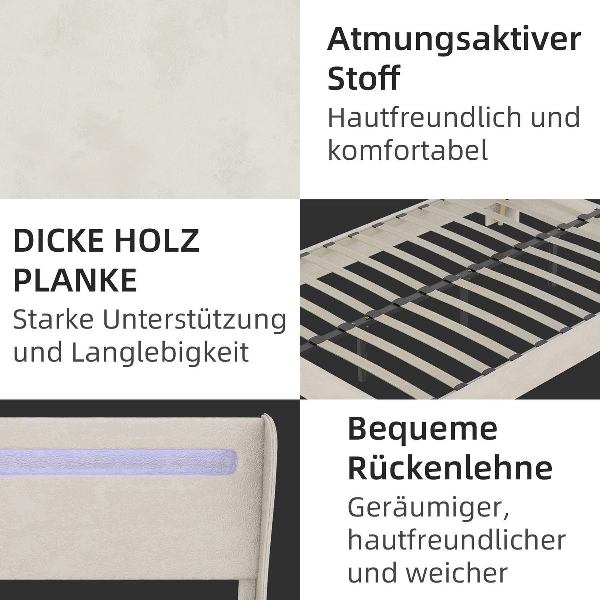 POLSTERBETT 140x200 cm LED ohne Stauraum beige - Beige, Textil (140/200cm) - LEBENLANG