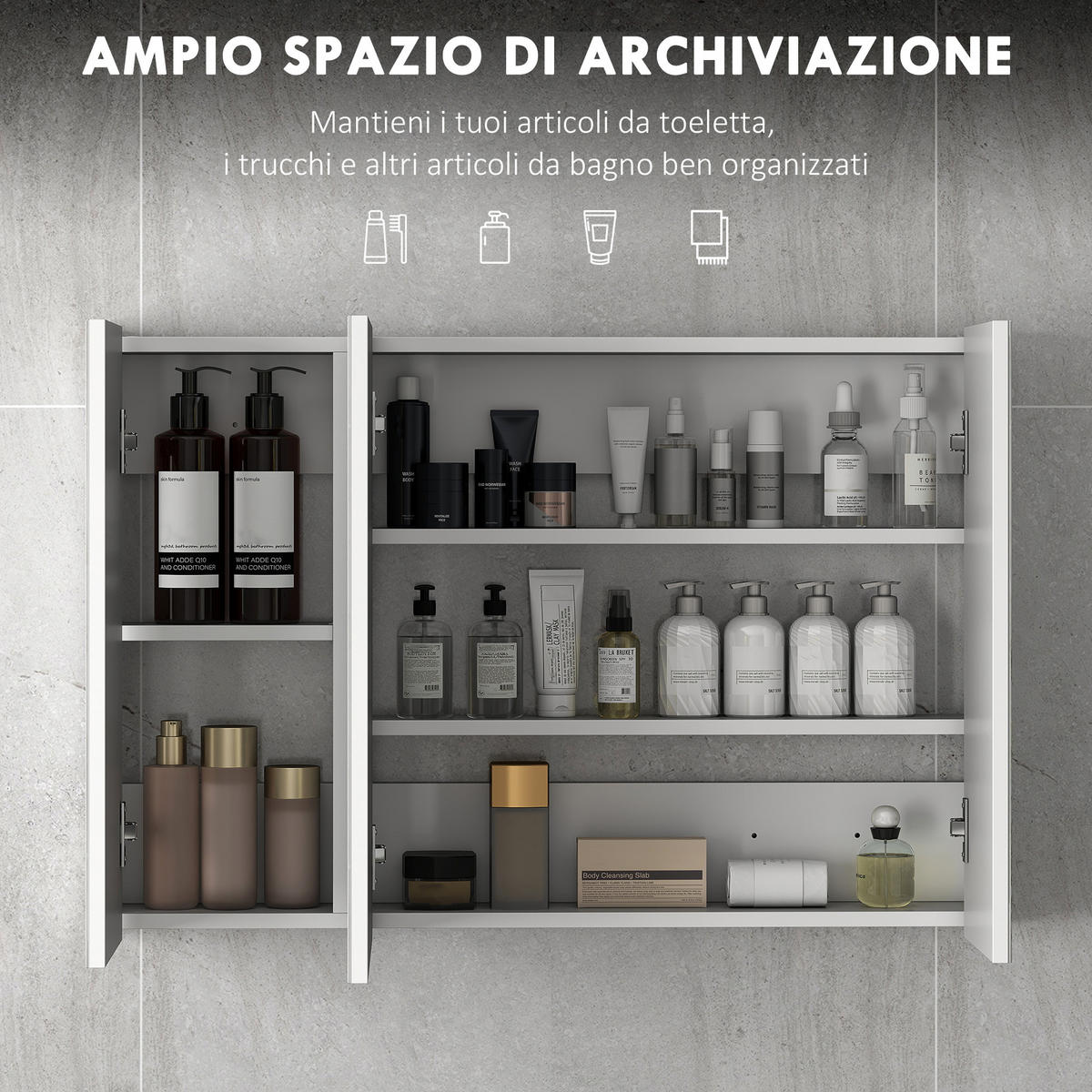 BADEZIMMER-WANDSCHRANK mit 3 Spiegeltüren und verstellbaren Holzregalböden, 90 x 13,5 x 60 cm ,Weiß - Weiß, Glas (90/60/13.5cm) - Vallsero