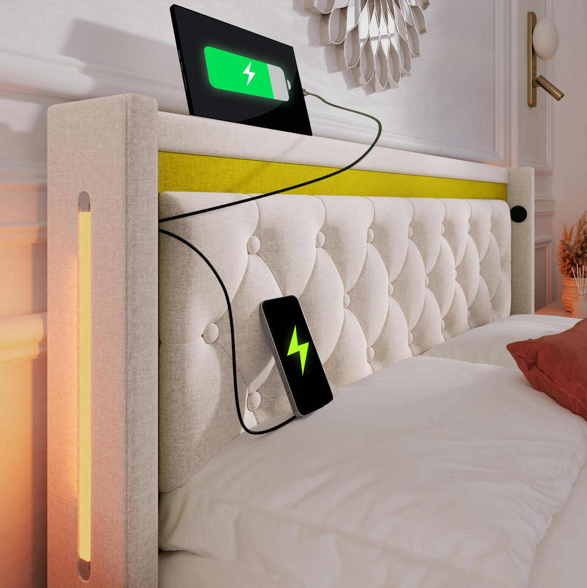 POLSTERBETT mit LED, Stauraum und USB-C 140x200 cm Beige inklusive Matratze - Beige, Metall (140/200cm) - Meubliv