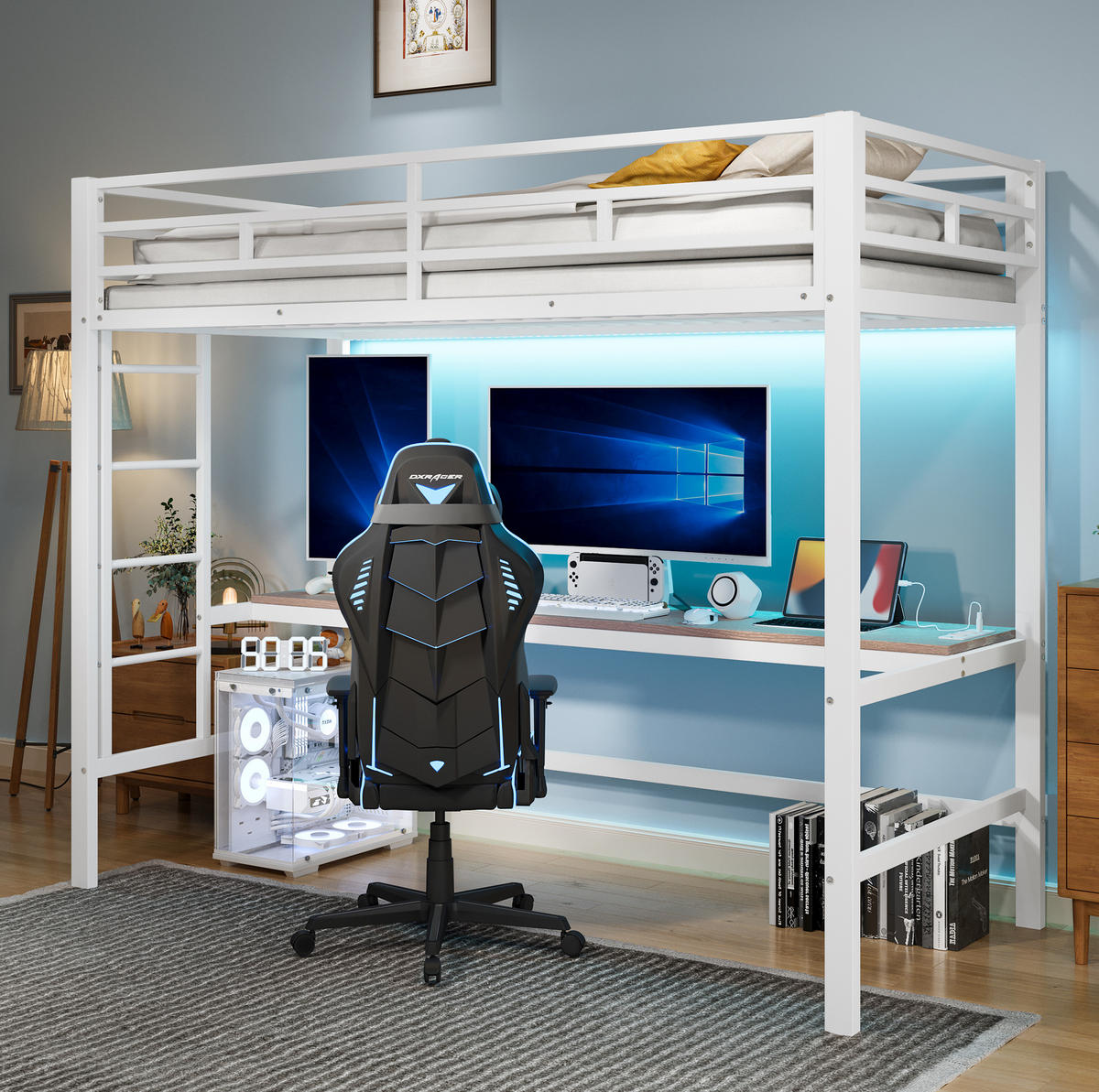 HOCHBETT 90/200 cm Weiß aus Metall mit Tisch und LED-Lichtleiste - Weiß, Metall (90/200cm) - OKMYHOME
