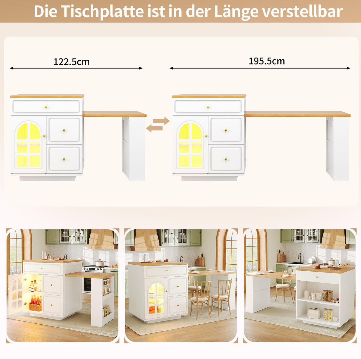 KÜCHENINSEL ausziehbar 122,5-195,5 cm Weiß - Weiß, Holz (59/93.5/122.5cm) - Beauniv