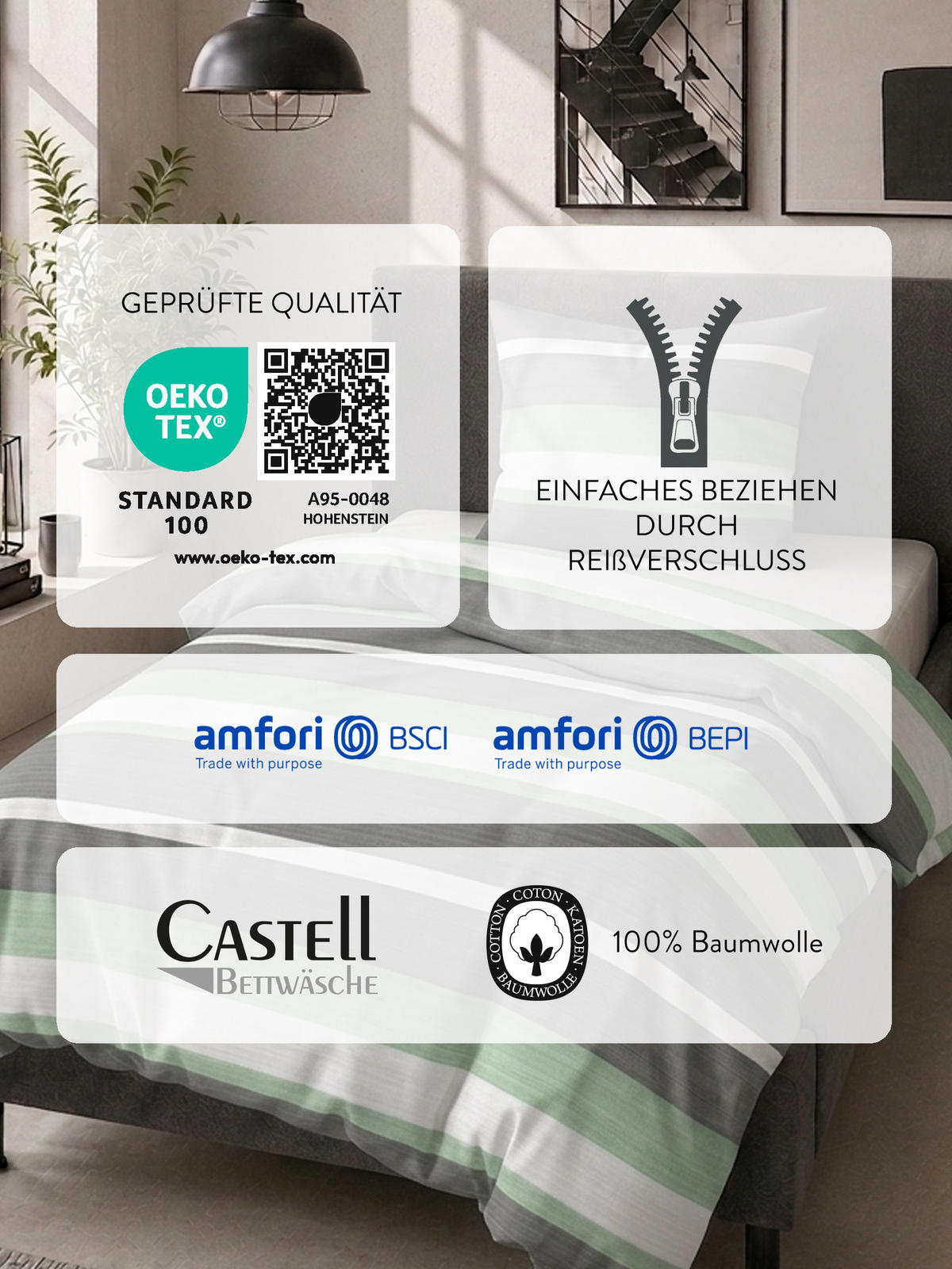 BETTWÄSCHE-GARNITUR Flanell Querstreifen fichte, 135x200 cm + 80x80 cm - Dunkelgrün, Textil (135/200cm) - Castell