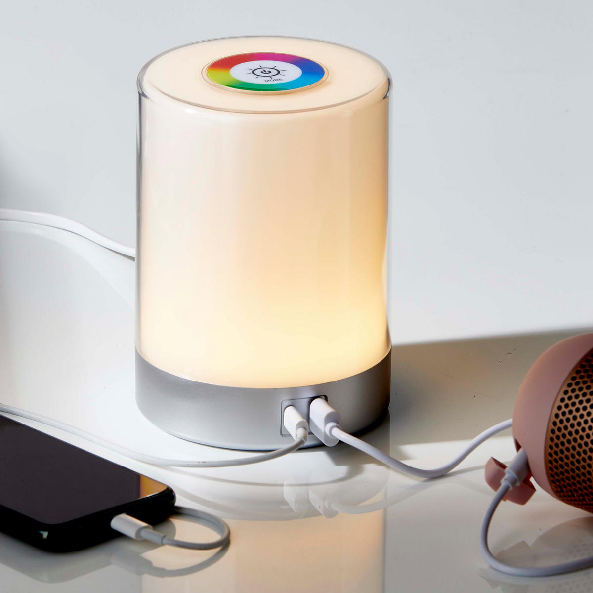 LED-TISCHLEUCHTE - dimmbar mit Farbwechsel, Touch-Taste und USB-Ladeports in Silber - Silberfarben, Kunststoff (10.6/10.6/14.6cm) - Northpoint