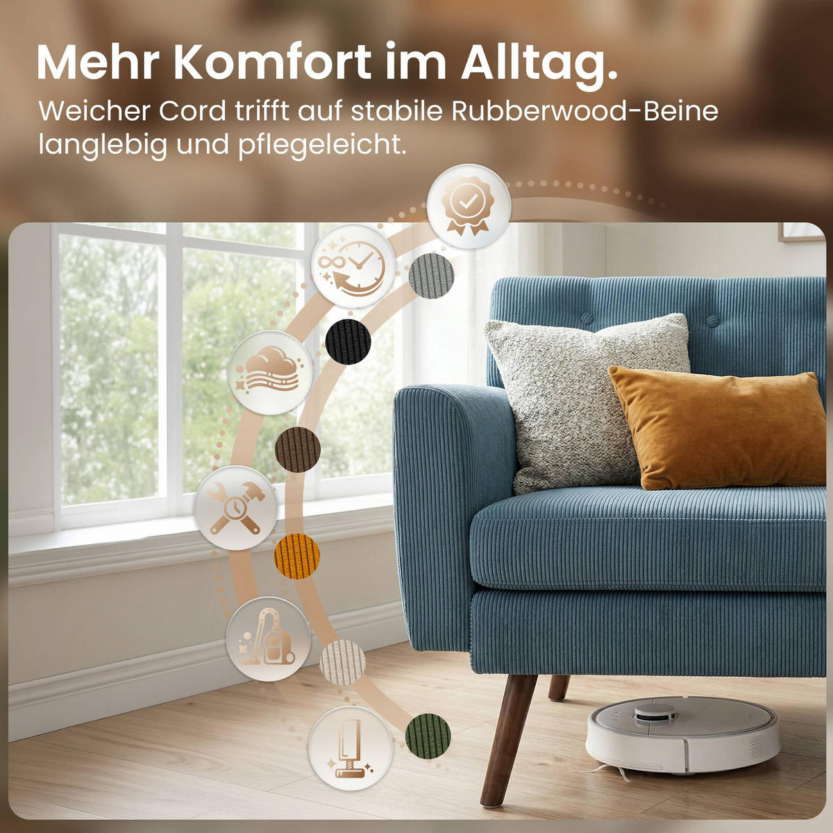 SOFA 120/74 cm Cord Blau - Blau/Braun, Holz/Textil (120/81/74cm) - CLP